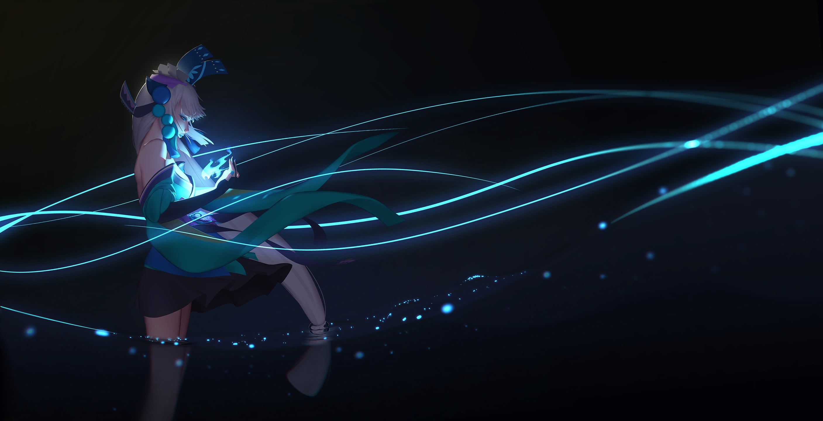 long exposure, glowing, night, anime girls, connection, white hair, Onmyoji, human body part, illuminated, 2K, light - natural phenomenon, adult, futuristic, HD Wallpaper