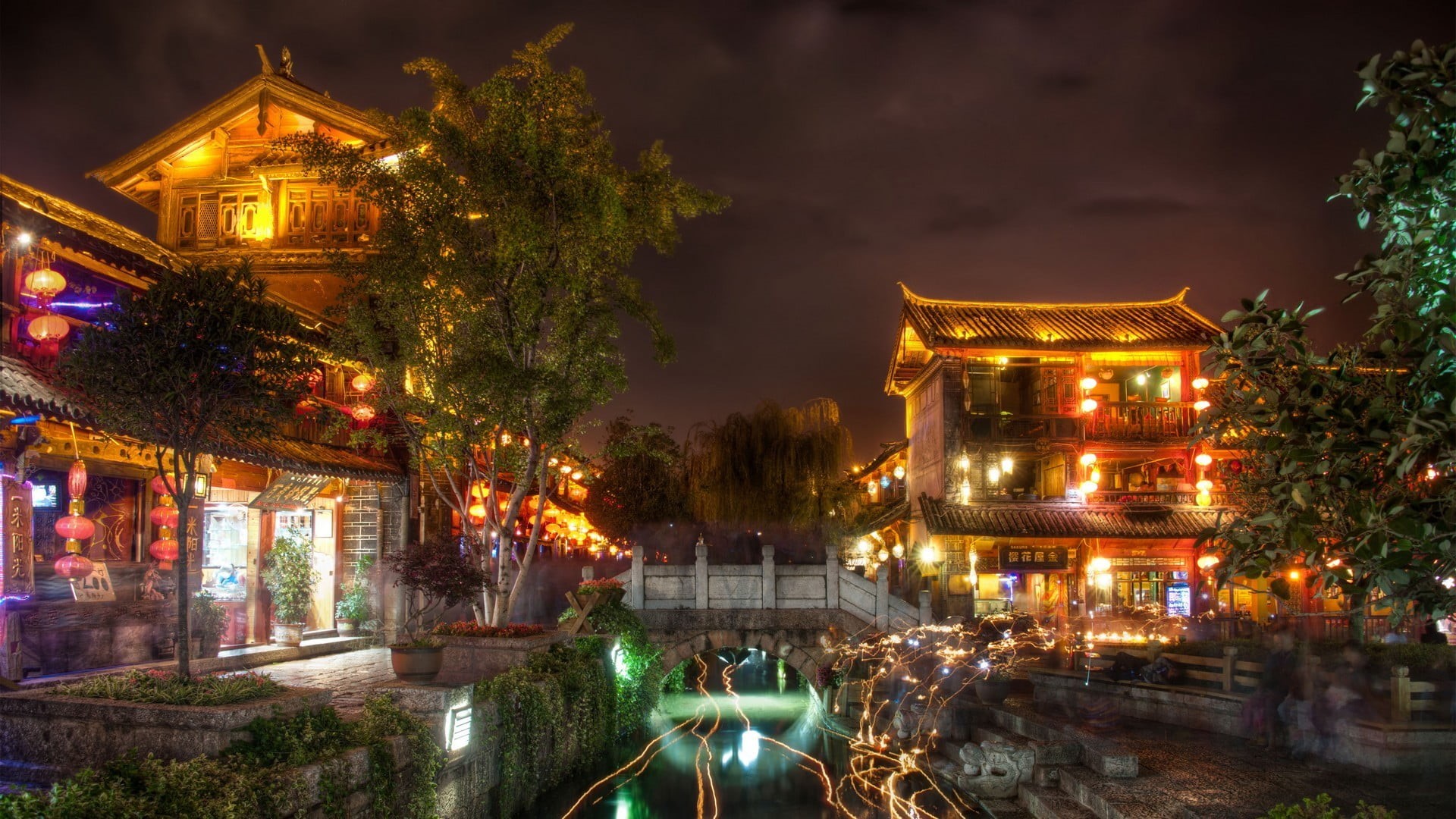 lighting equipment, lights, celebration, nature, city, built structure, HDR, building, string, water, travel destinations, building exterior, China, long exposure, HD Wallpaper