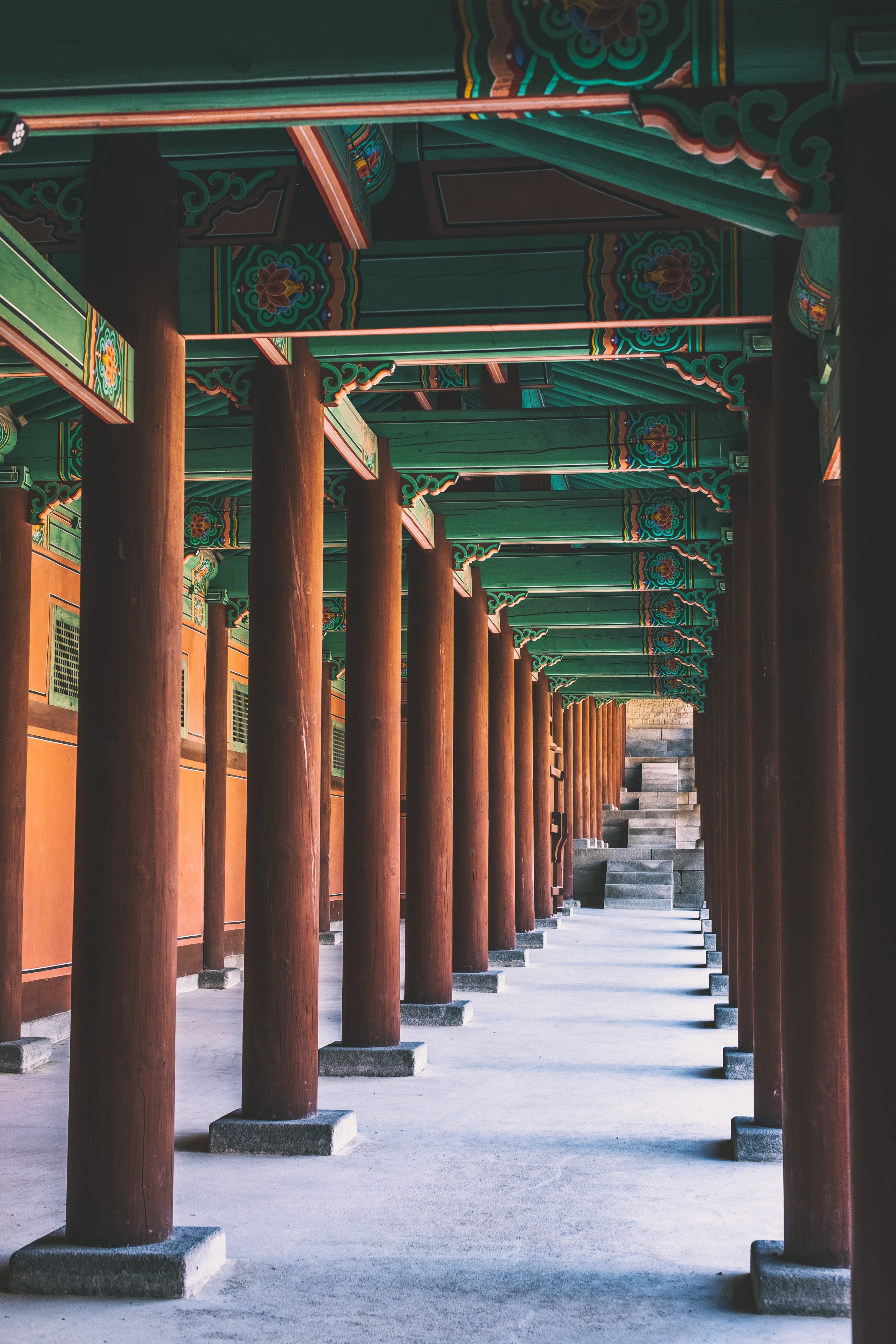 daytime, shrine, wooden, patio, palace, religion, pillar, korea, built structure, temple, column, asian, architecture, belief, spirituality, empty, corridor, Phone HD Wallpaper