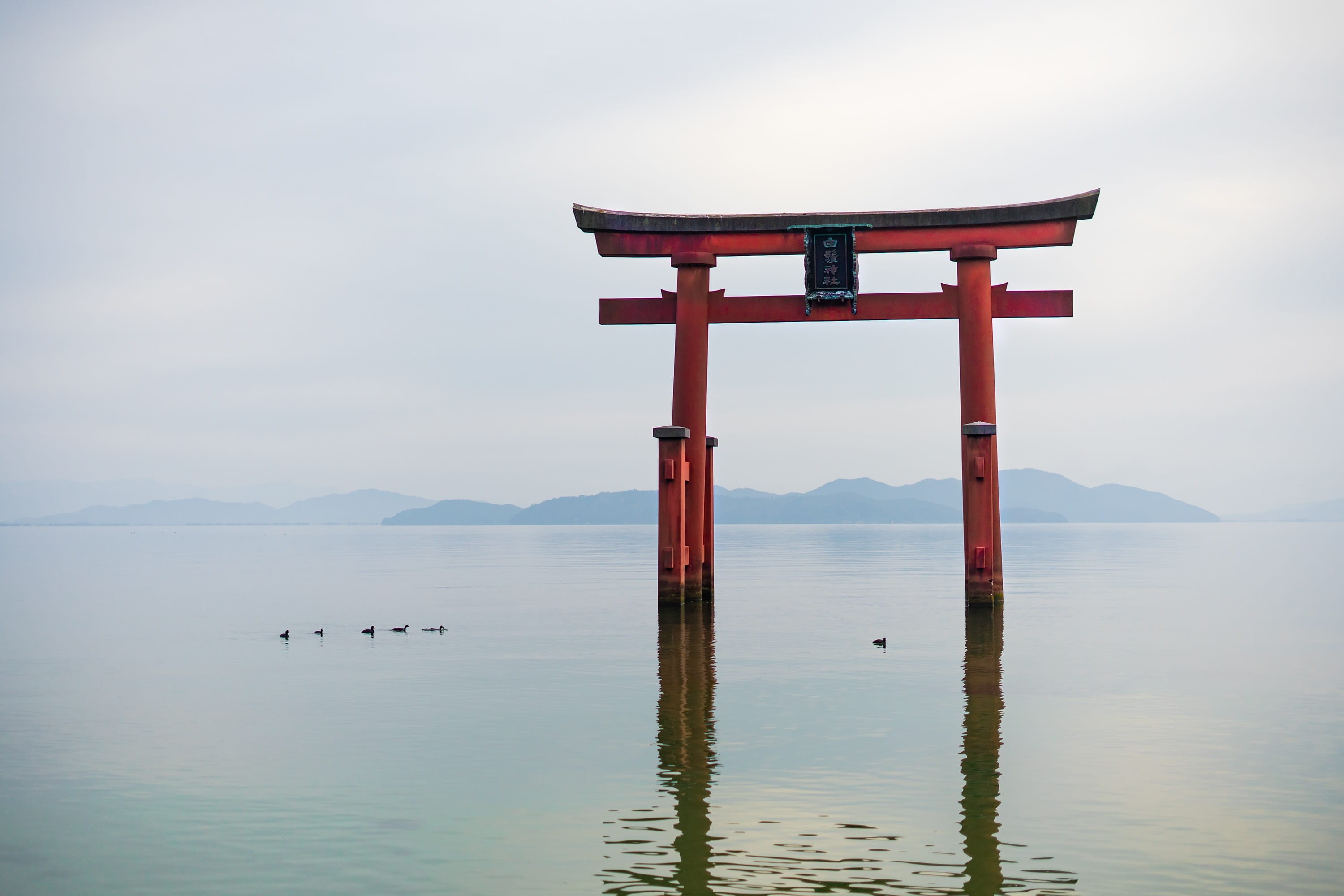 shiga, travel destinations, waterfront, no people, beauty in nature, mountain, sky, place of worship, 2K, religion, tranquil scene, shrine, lake, torii, HD Wallpaper