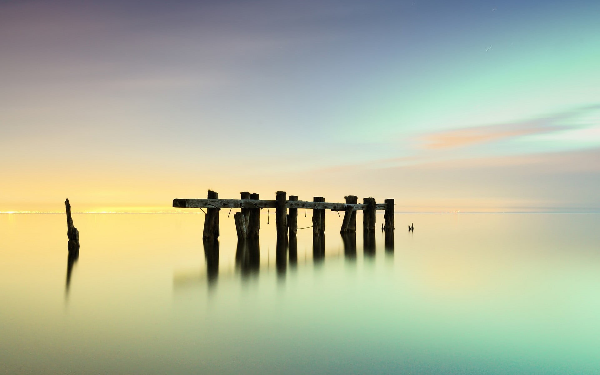 idyllic, waterfront, tranquil scene, sunset, sea, alone, scenics - nature, post, gray, photography, wood - material, sky, non-urban scene, frame, horizon, HD Wallpaper