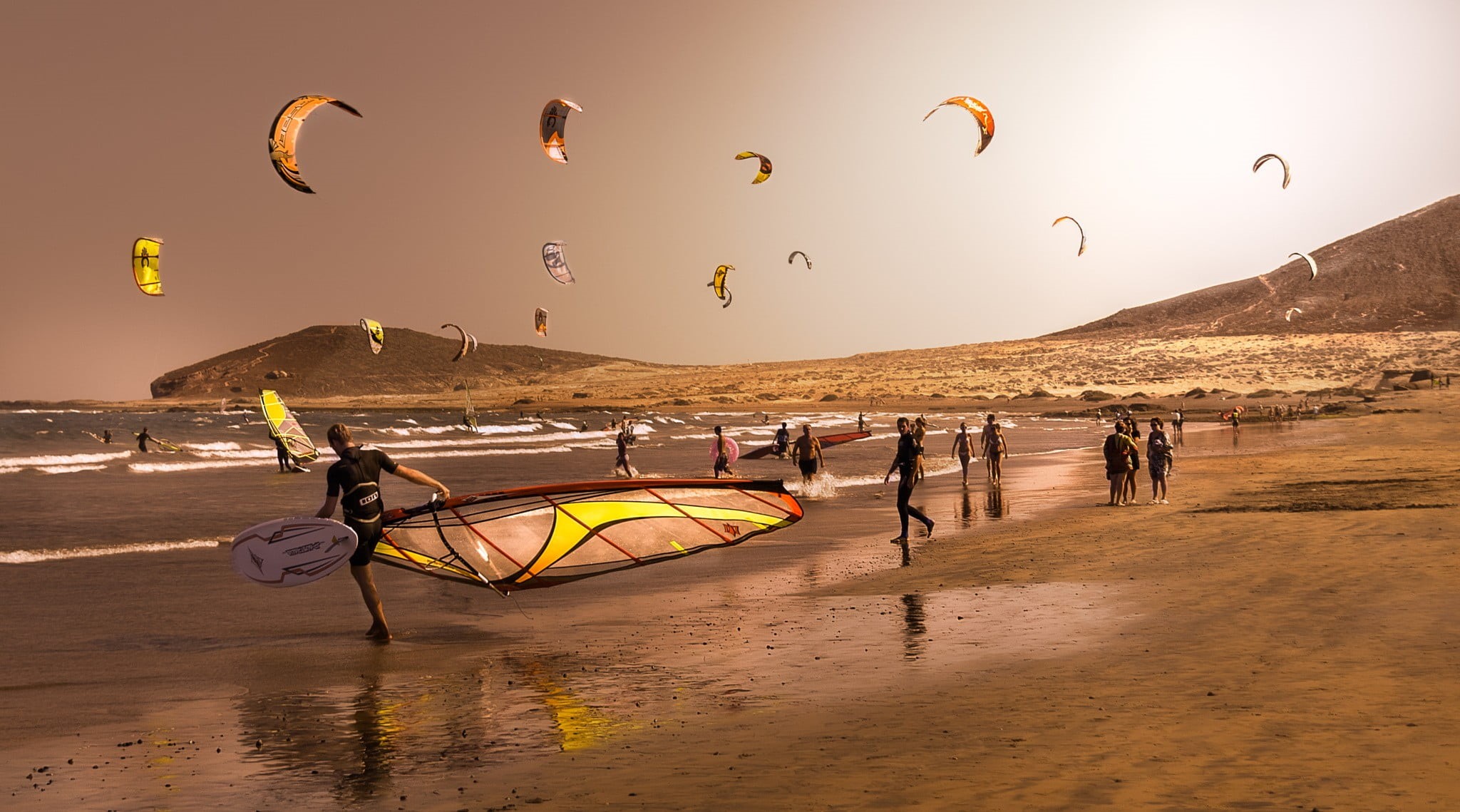 leisure activity, lifestyles, beach, motion, travel destinations, kite surfing, men, photography, frame, black, outdoors, fisherman, people, group of people, HD Wallpaper