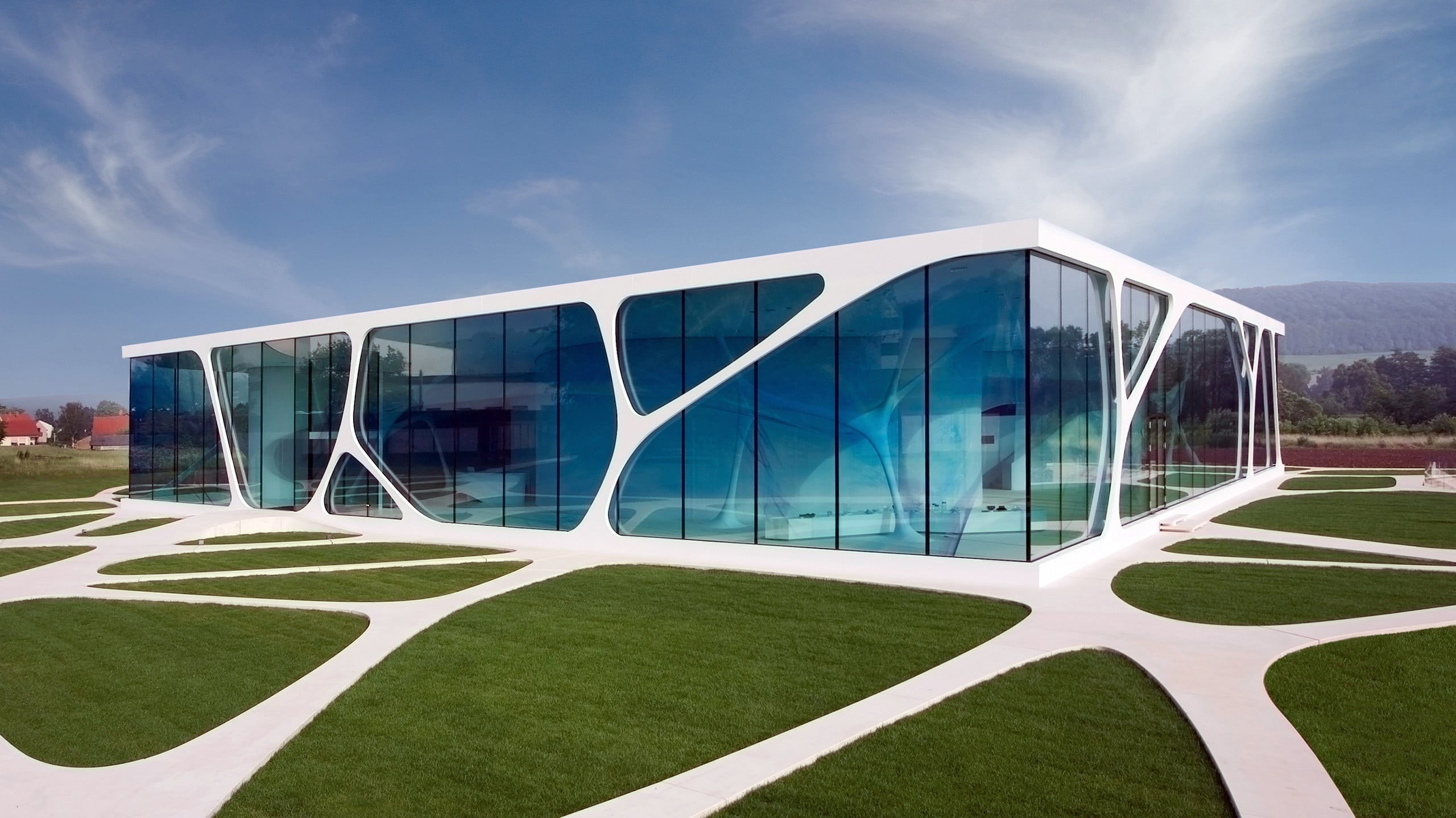 architecture, glass, modern, built structure, cloud - sky, sky, house, reflection, Leonardo Glass Cube, Europe, futuristic, education, metal, grass, building, HD Wallpaper