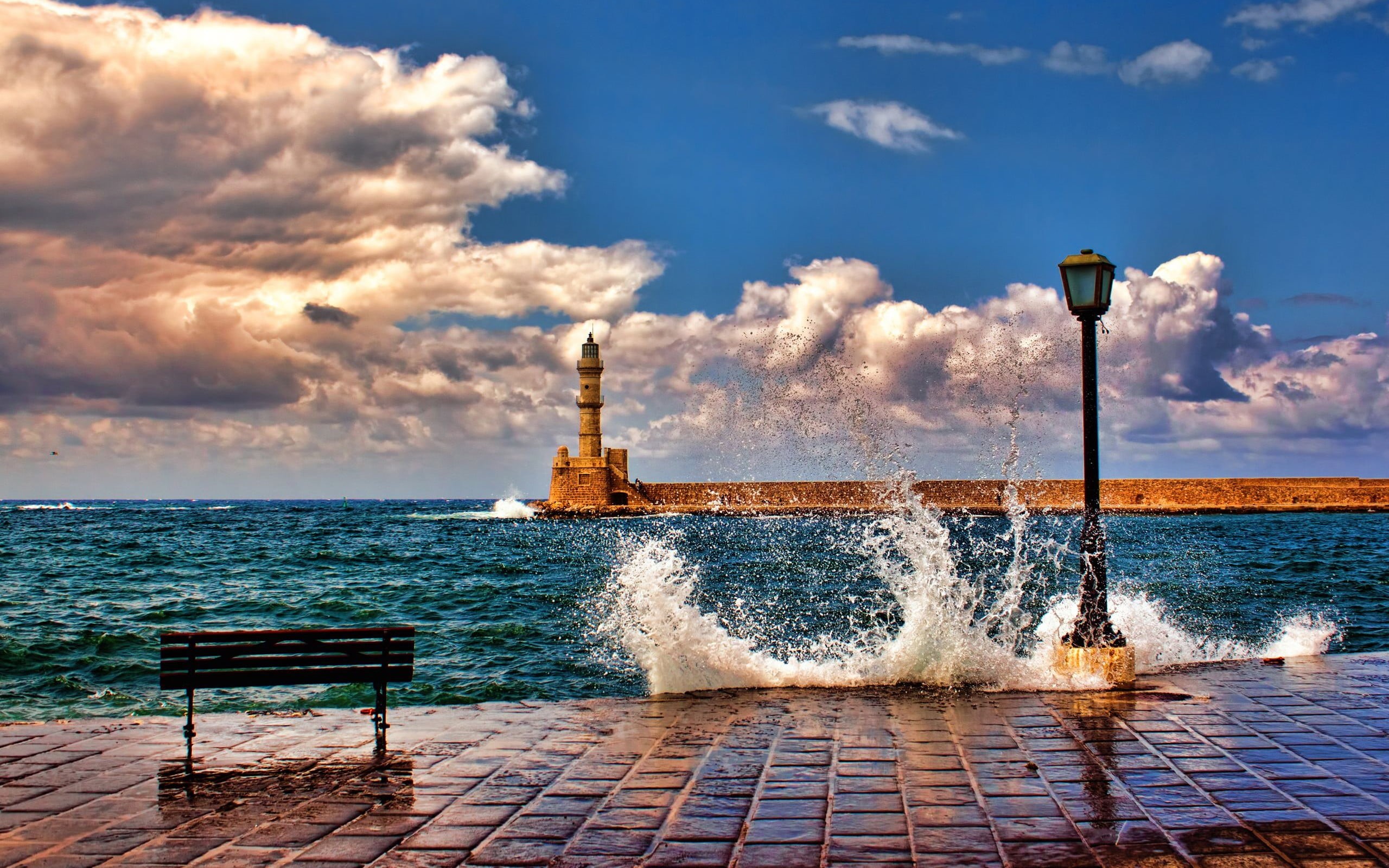 water, Greece, black, Crete, lighthouse, sky, scenics - nature, landscape, lantern, nature, no people, beach, clouds, cloud - sky, 2K, built structure, HD Wallpaper