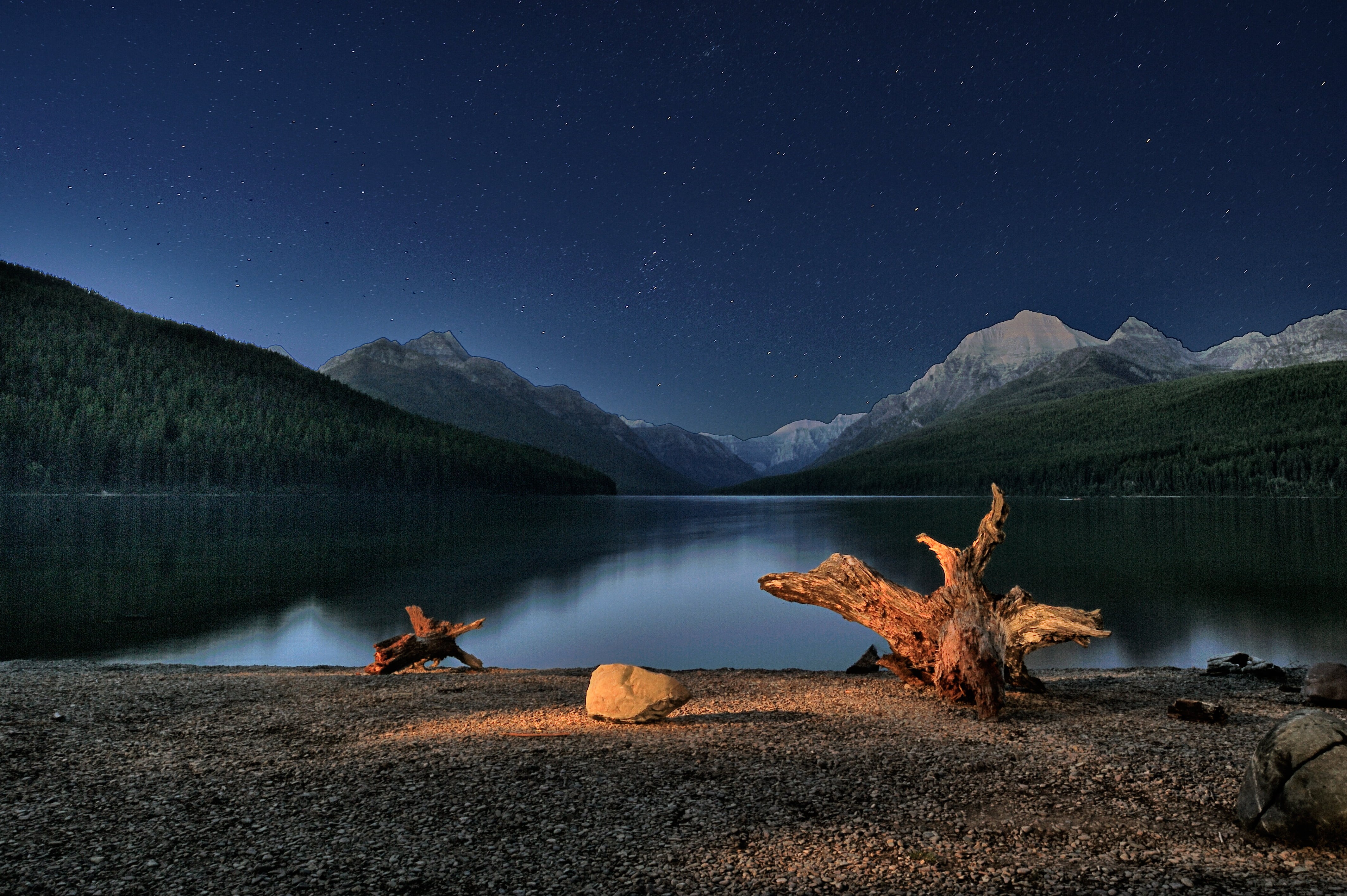 light painting, illustration, Bowman  Lake, banff National Park, driftwood, sky, 4K, outdoors, canada, Night Photography, beauty In Nature, mountain Range, HD Wallpaper