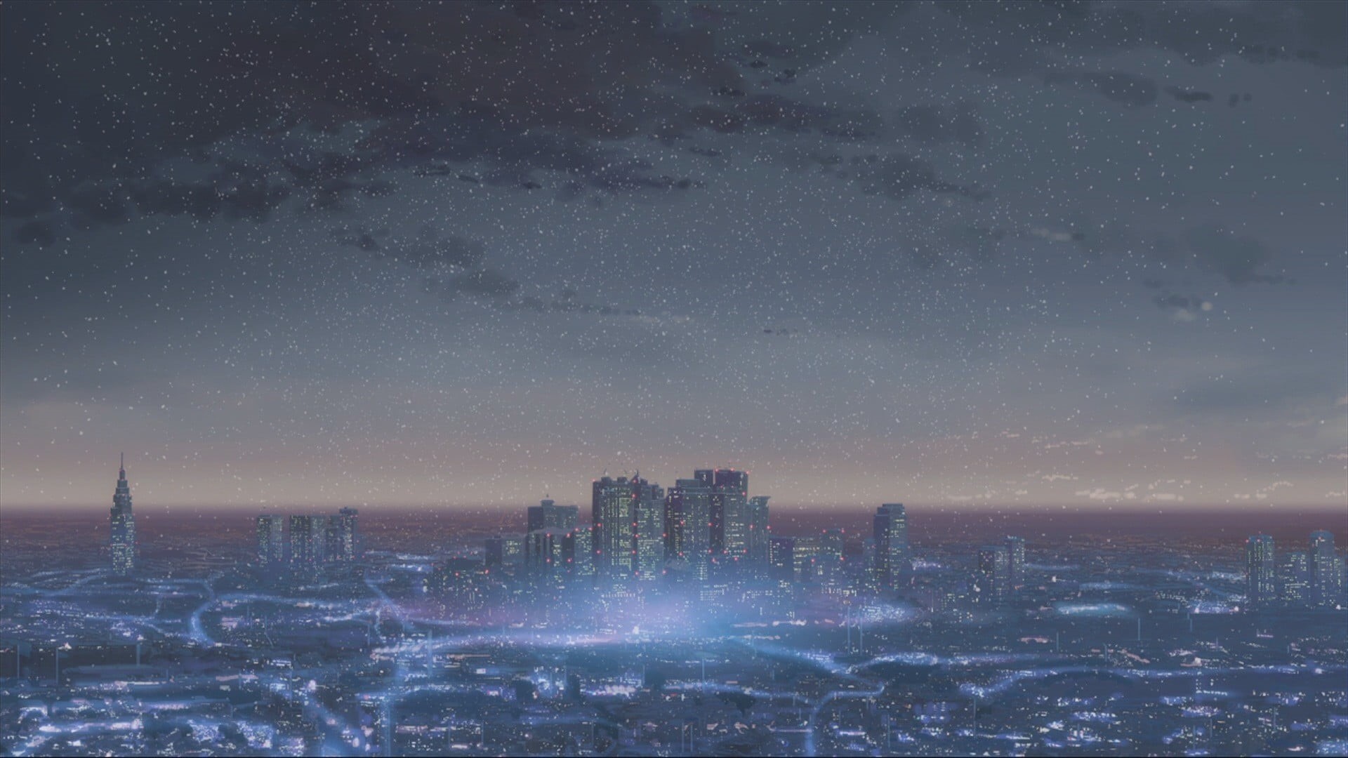 cityscape, snowing, urban skyline, architecture, 1080P, no people, tall - high, cloud - sky, city life, Makoto Shinkai , nature, astronomy, view, building, HD Wallpaper