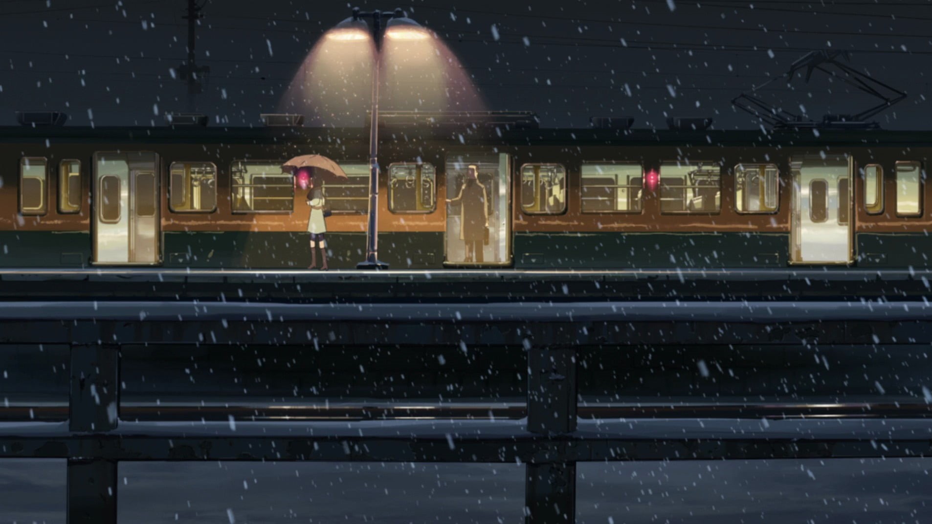 nature, building exterior, Makoto Shinkai , 720P, rail transportation, gray, architecture, 5 Centimeters Per Second, motion, illuminated, cold temperature, HD Wallpaper