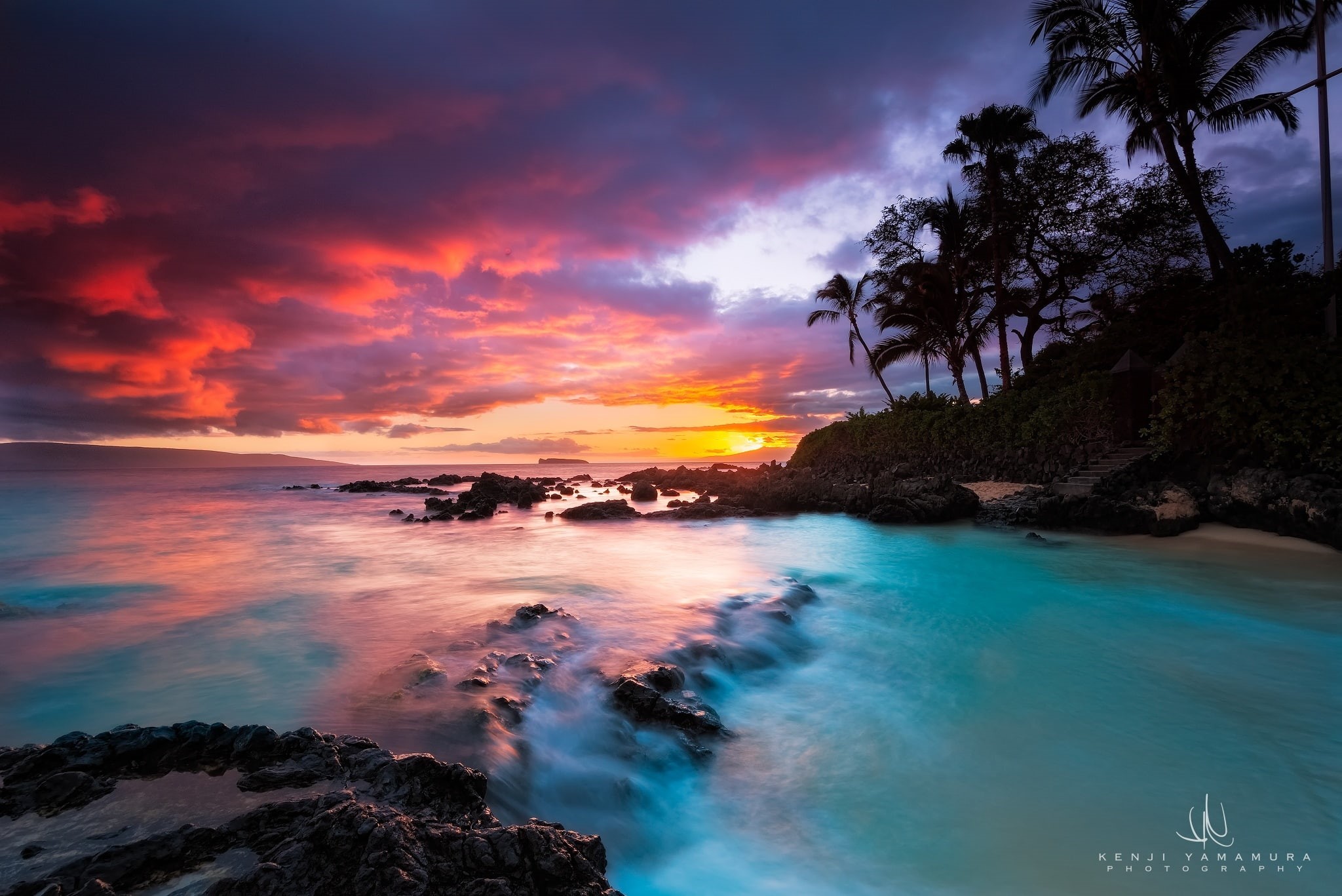 Secret Beach, photographer, palm trees, sunset, Hawaii, otrov Maui, 1080P, Kenji Yamamura, HD Wallpaper