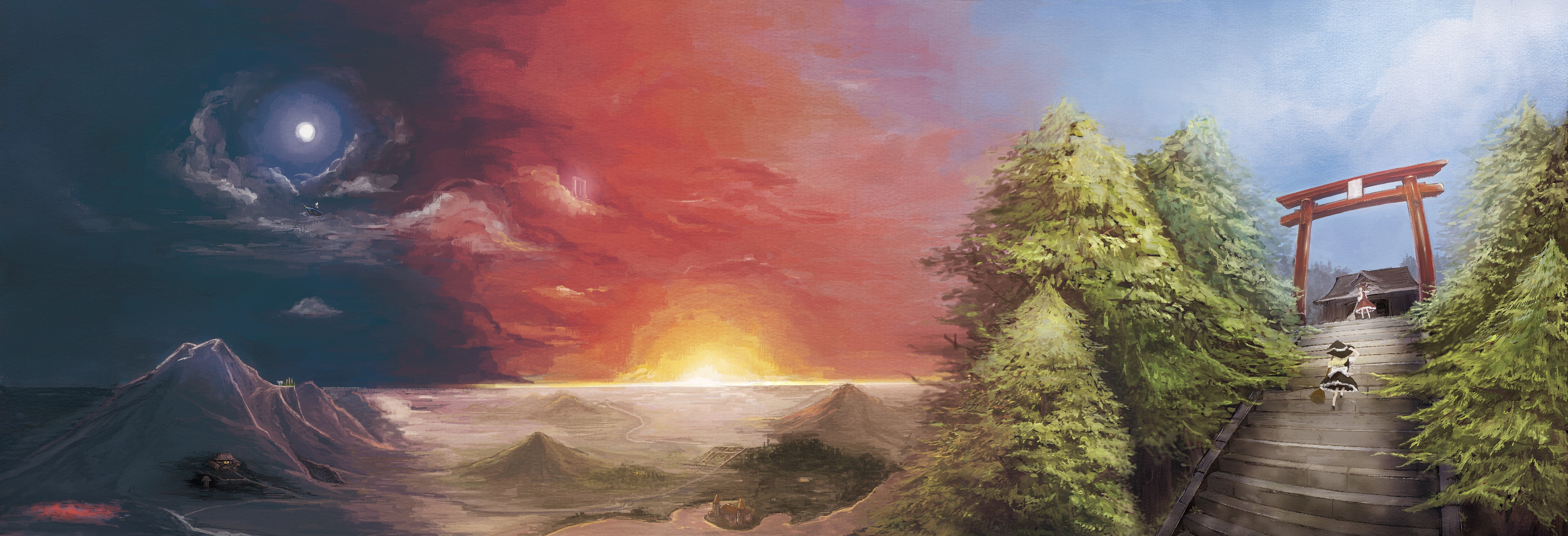 clouds, torii, 4K, touhou, sunset, trees, gate, hakurei, stairways, skyscapes, kirisame, witches, landscapes, video, shrine, mountains, miko, games, gensokyo, HD Wallpaper