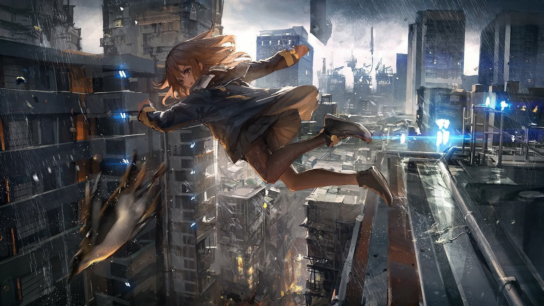 anime girls, city life, skyscraper, 720P, communication, one person, built structure, young adult, illuminated, nature, anime, real people, digital composite, HD Wallpaper