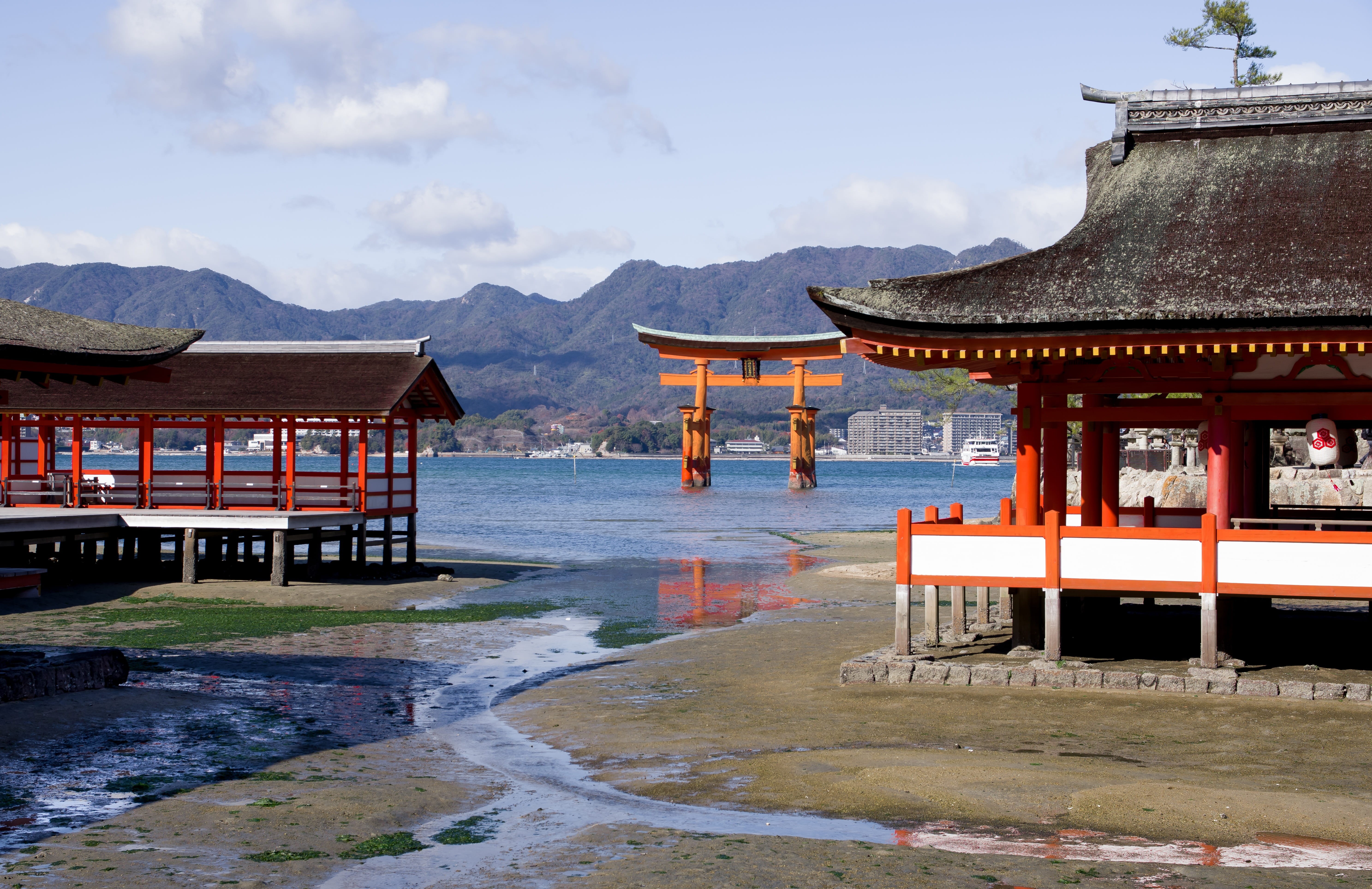 day, travel destinations, building, mountain, sanctuary, sky, spirituality, water, no people, roof, torii, temple, 5K, miyajima, place of worship, religion, HD Wallpaper