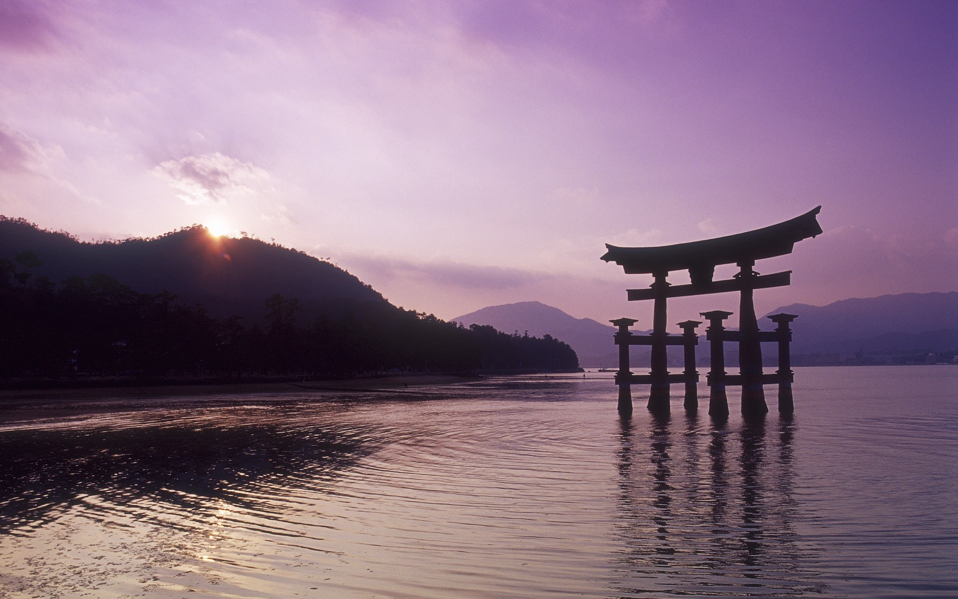 scenics - nature, nature, silhouette, lake, no people, religion, Japan, sky, mountain, tranquil scene, reflection, sunset, spirituality, outdoors, belief, HD Wallpaper