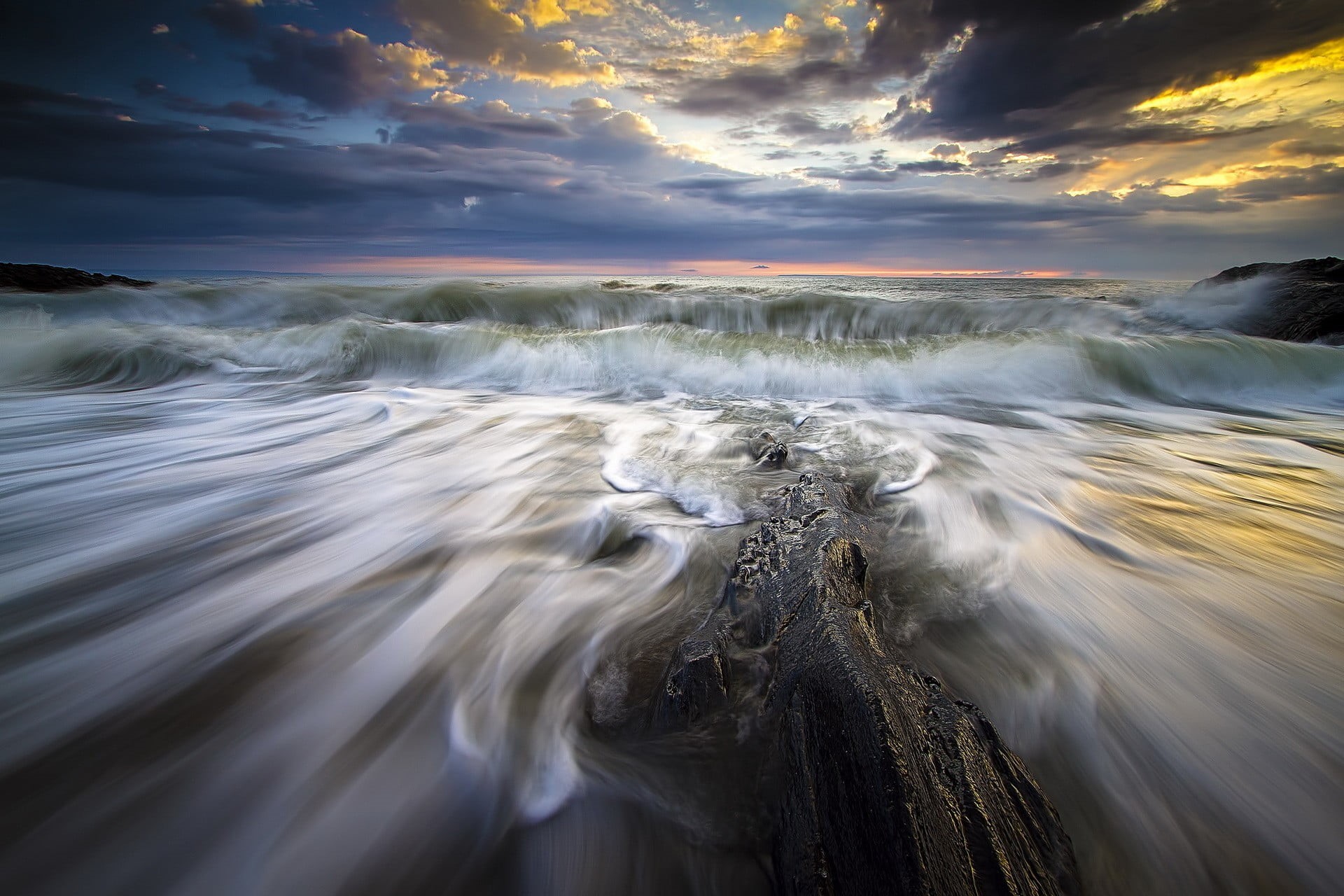 horizon, beauty in nature, extension, sky, day, blurred motion, 1080P, motion, hair, sunset, scenics - nature, brown, nature, waves, tranquil scene, clouds, HD Wallpaper