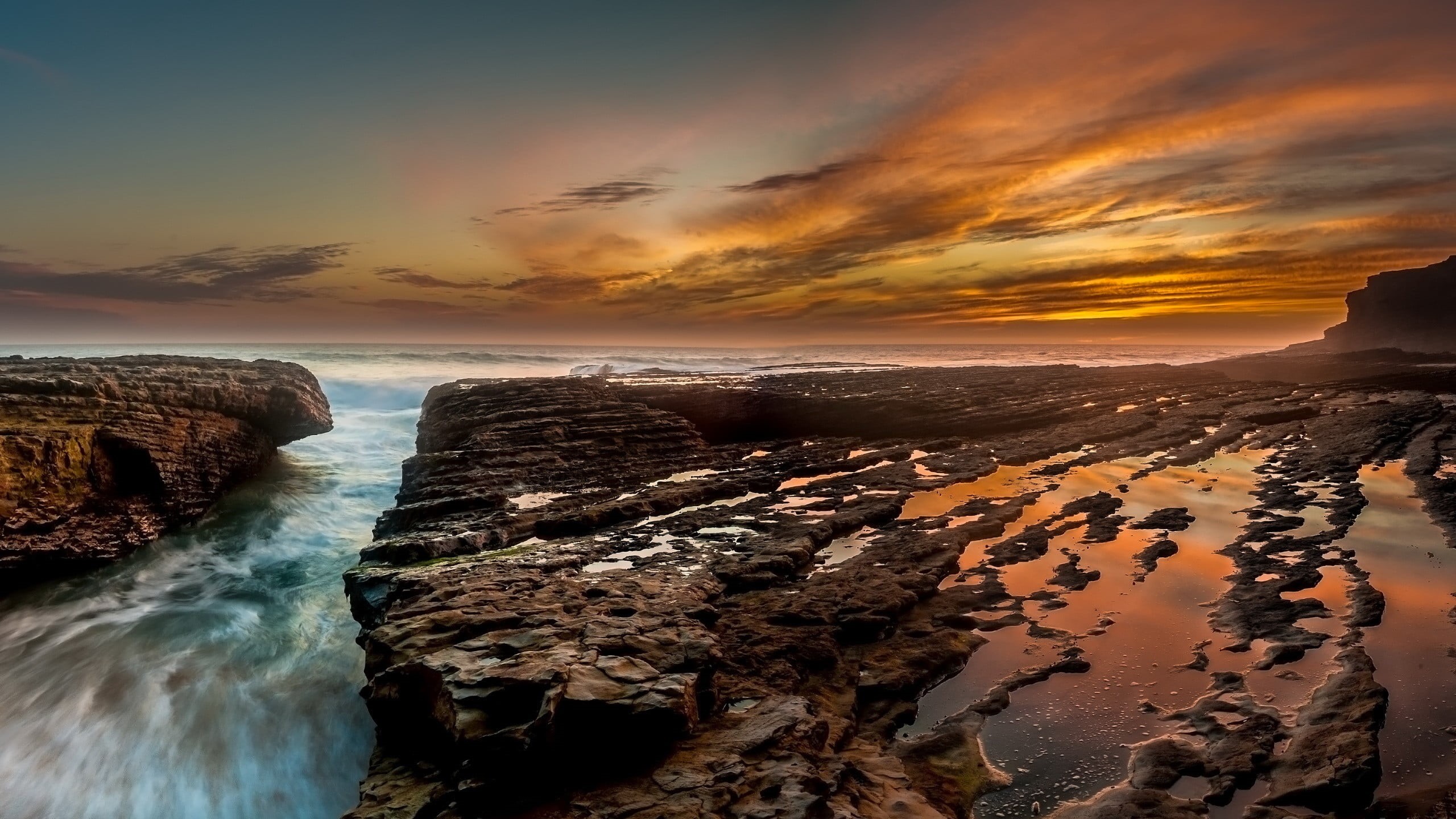 formation, motion, power in nature, clouds, digital, water, horizon over water, landscape, rock, long exposure, tranquil scene, horizon, sky, sunset, tranquility, HD Wallpaper