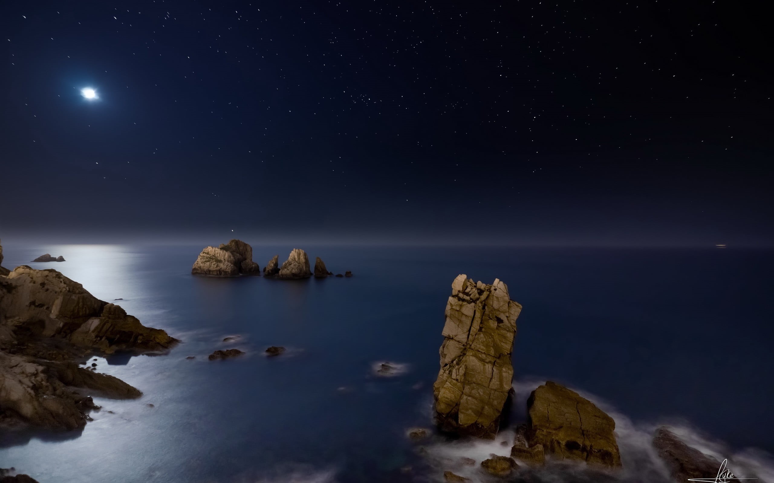 rock - object, outdoors, stars, water, night, no people, brown, beauty in nature, space, star, waves, long exposure, Moon, tranquility, sea, tranquil scene, HD Wallpaper