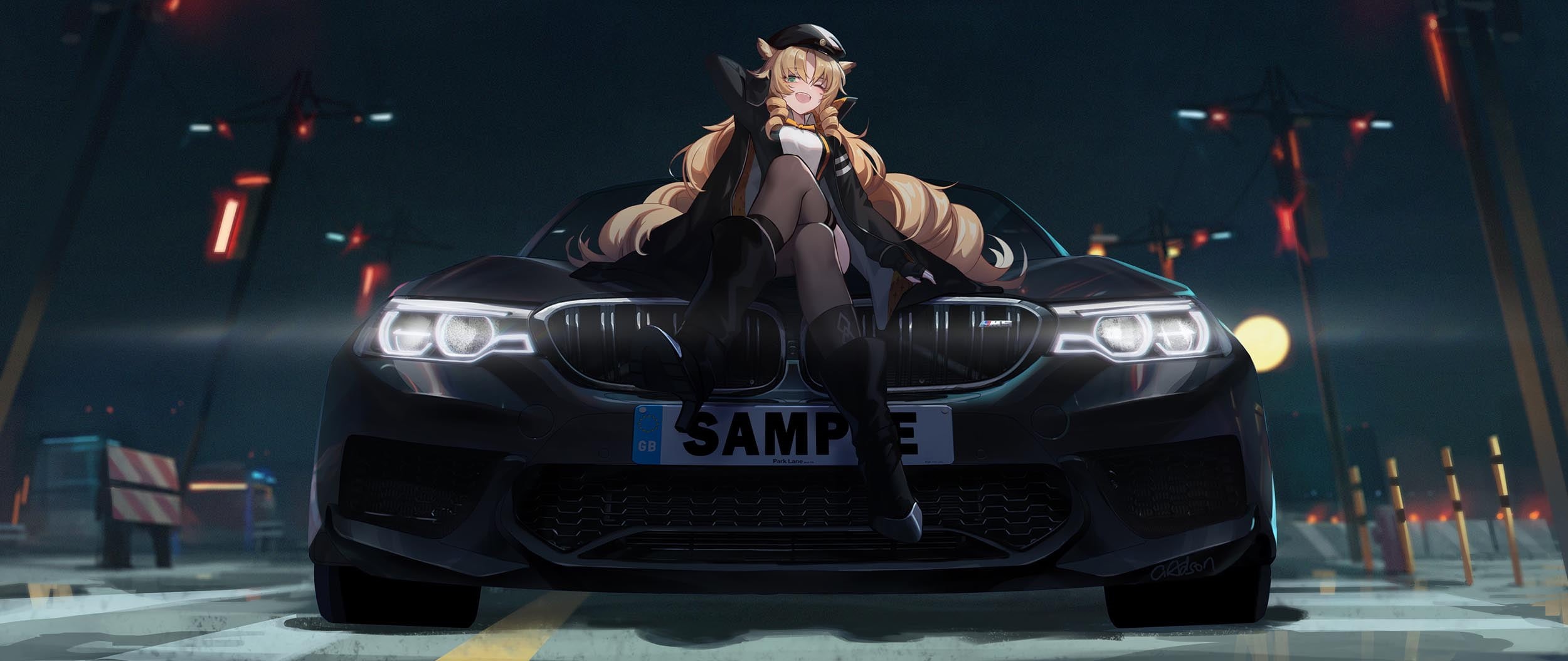 thigh-highs, animal ears, green eyes, road blocks, 1080P, Swire (Arknights), long hair, night, blushing, blonde, boots, road, hat, BMW, video games, winking, HD Wallpaper