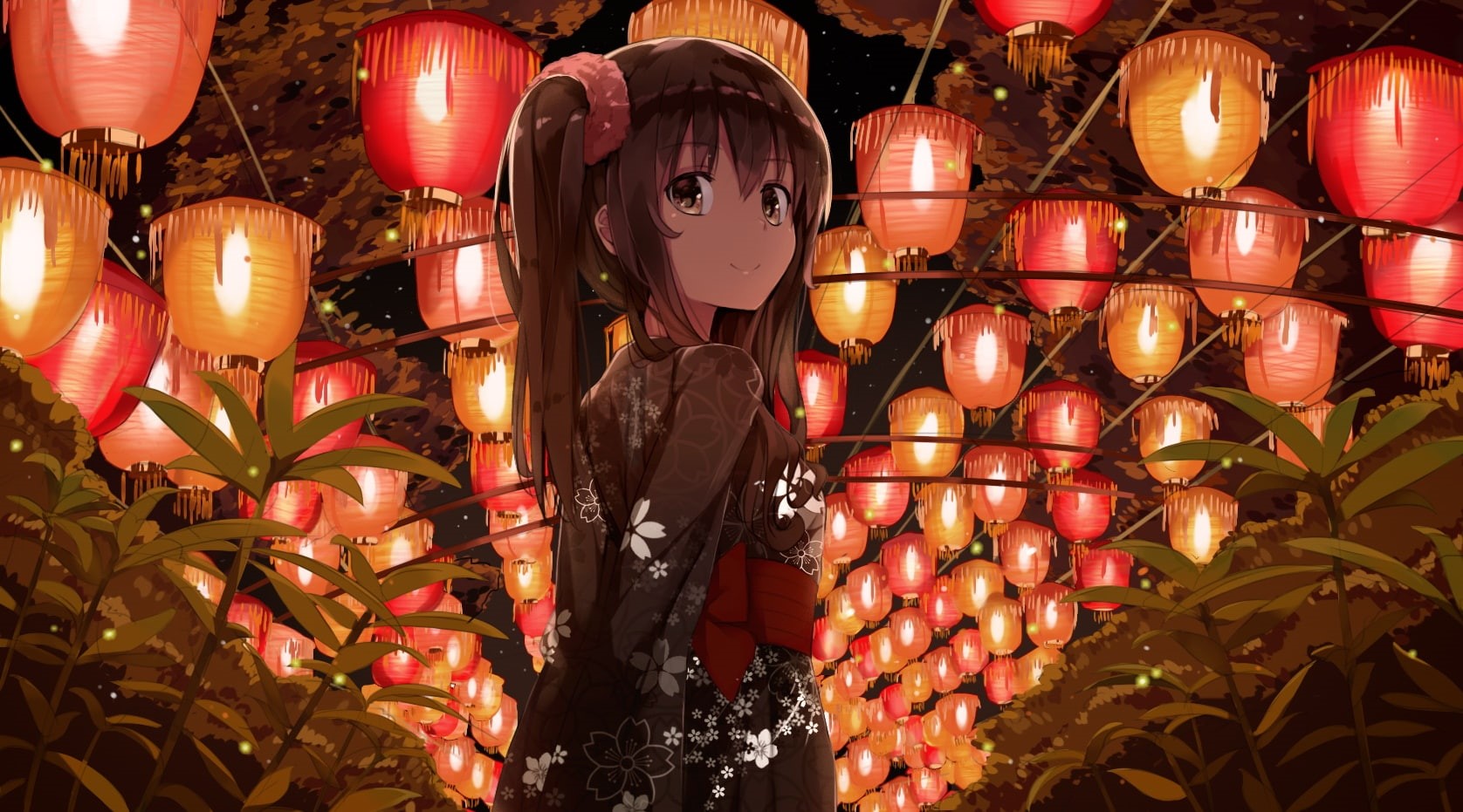 night, original, com, festival, 250919, twintails, yukata, japanese, brown, clothes, 720P, niii, long, hair, eyes, ponytail, (memstapak), konachan, HD Wallpaper