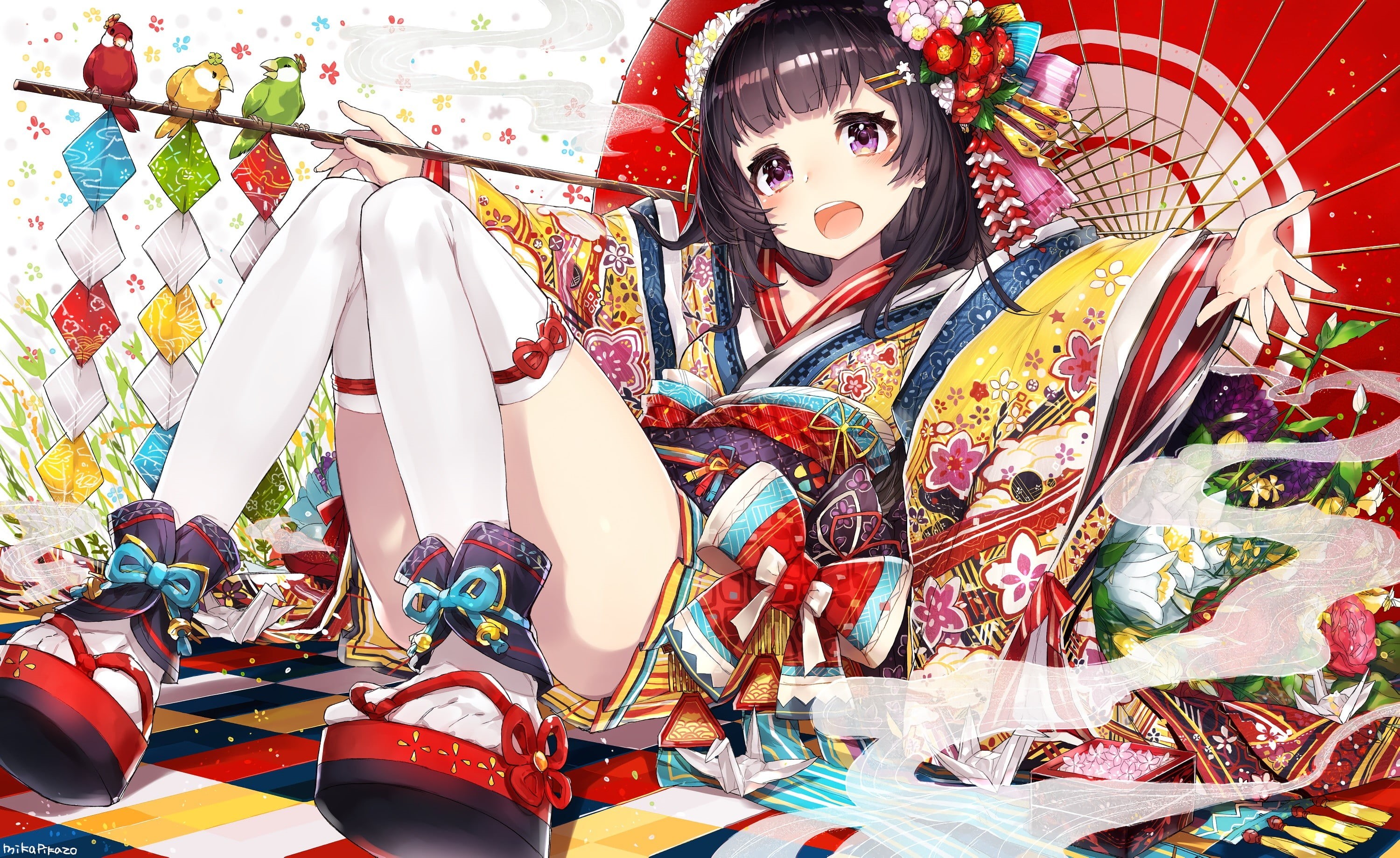 representation, tile, male likeness, multi colored, short hair, sculpture, human representation, festival, anime girls, purple eyes, colorful, table, kimono, HD Wallpaper