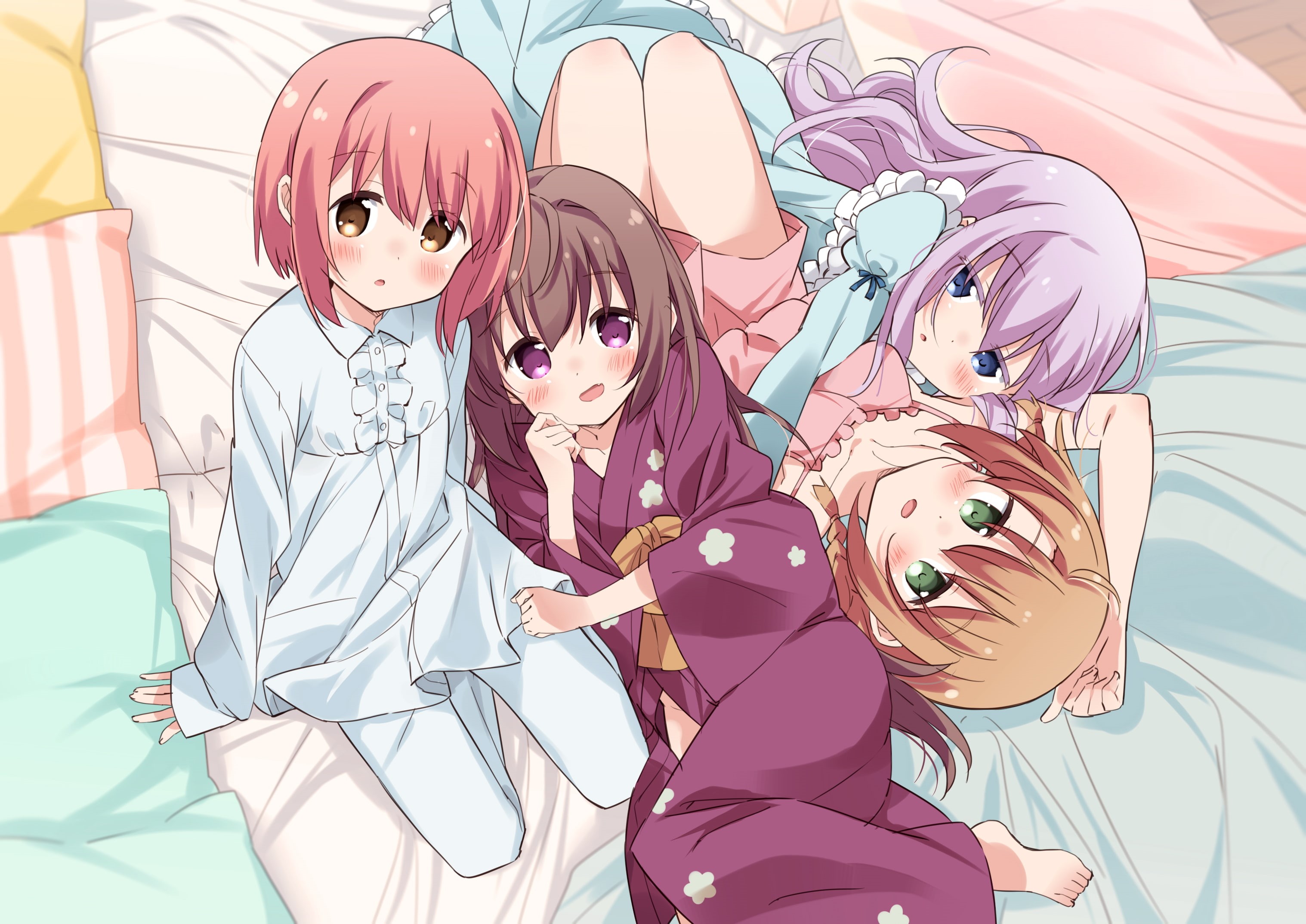 braids, eyes, pink, purple, slow, 2K, bed, short, blush, dress, hug, hair, long, blue, twintails, green, brown, kimono, bow, start, HD Wallpaper