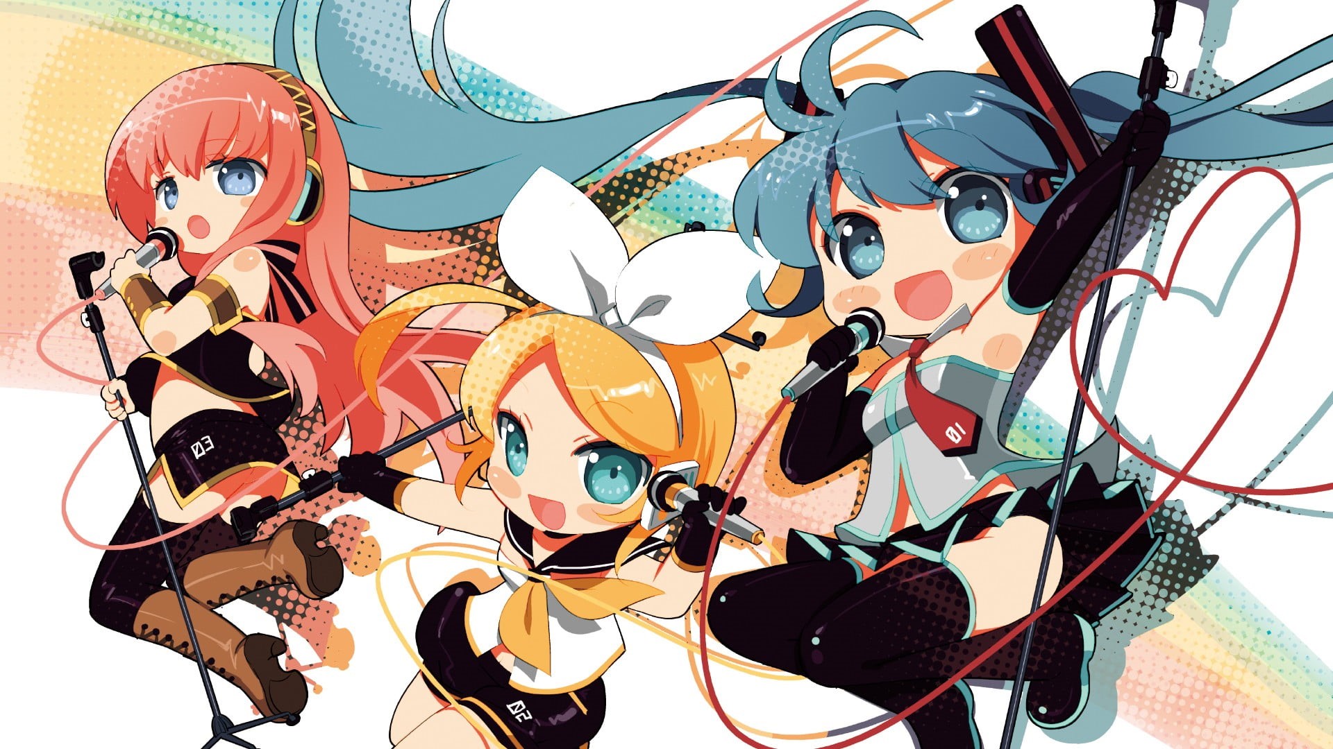 microphone, thigh-highs, blue eyes, bangs, human representation, miku, school uniform, boots, Hatsune Miku, two, representation, close-up, disguise, indoors, HD Wallpaper