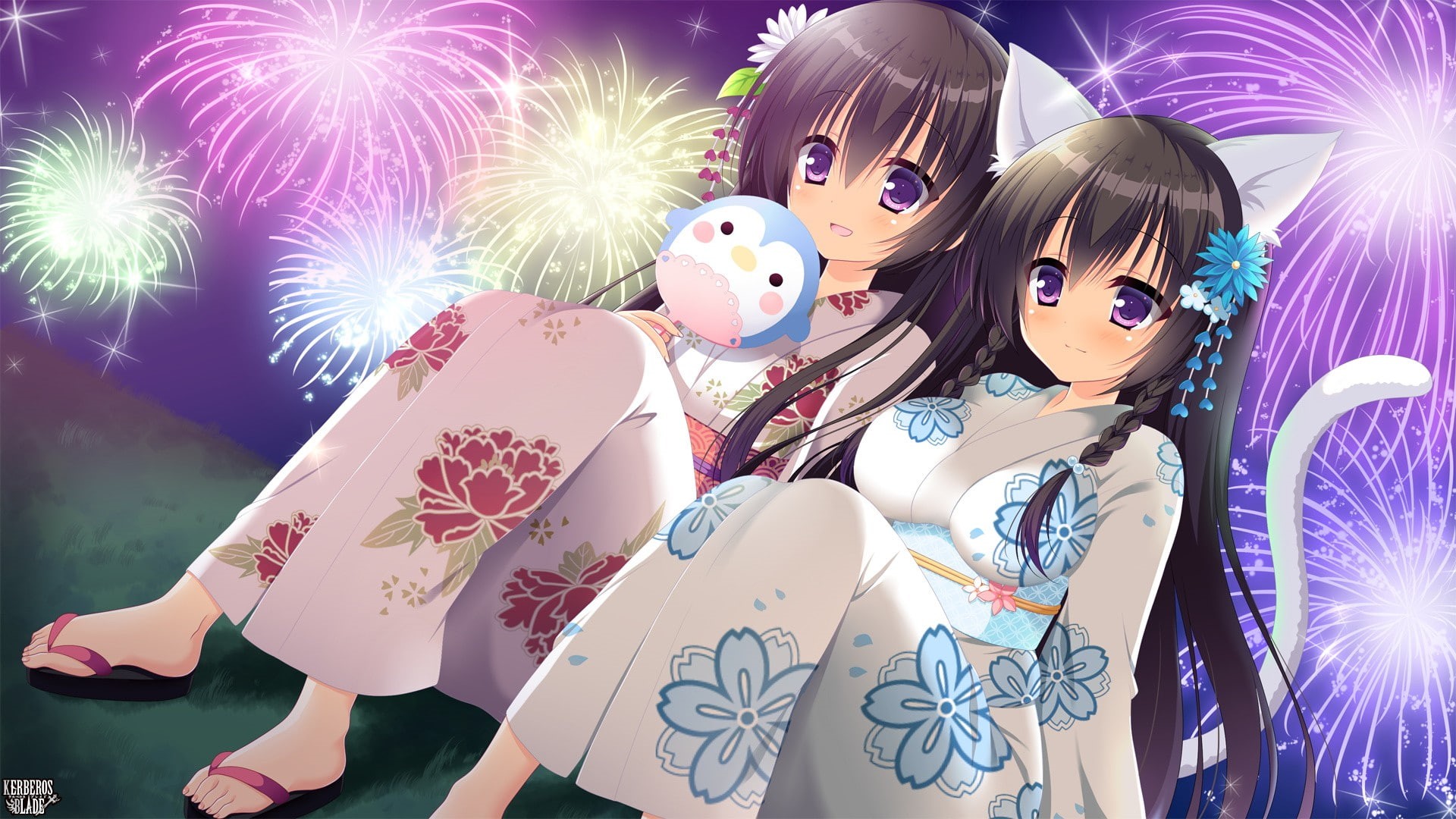 1080P, animal ears, long hair, sky, grass, anime girls, Kerberos Blade, black hair, Japanese clothes, yukata, anime, fireworks, braids, purple eyes, headdress, HD Wallpaper
