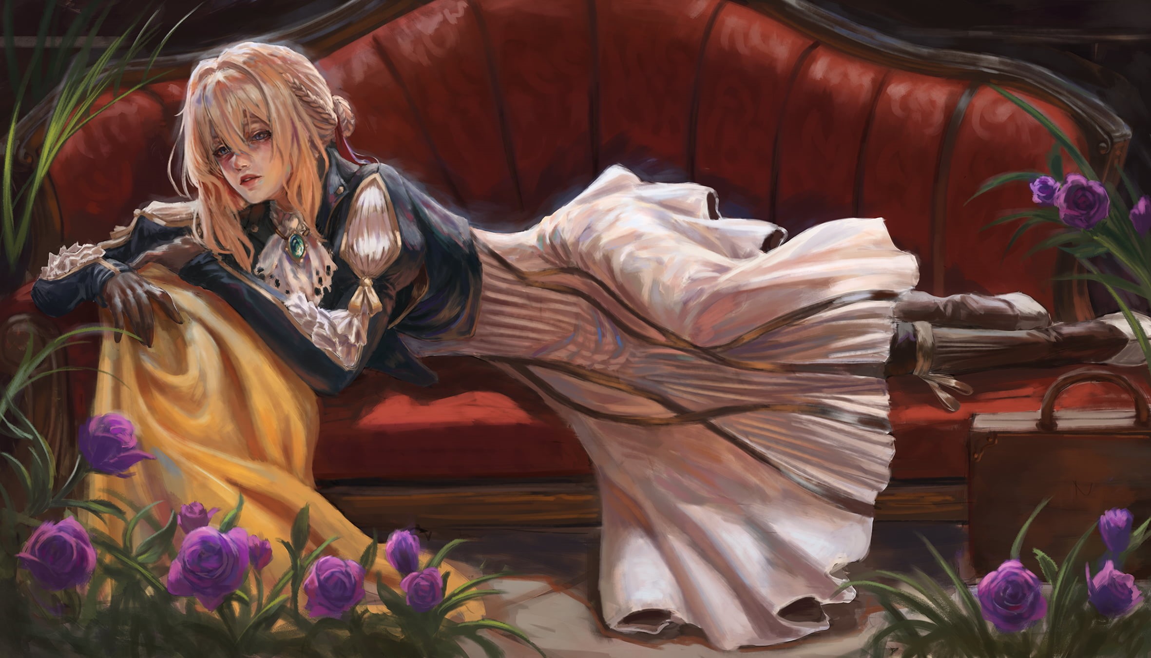 red ribbon, fan art, thighs, thigh high boots, white dress, long hair, curvy, 2D, anime girls, Violet Evergarden, blond hair, blue eyes, long skirt, looking away, HD Wallpaper