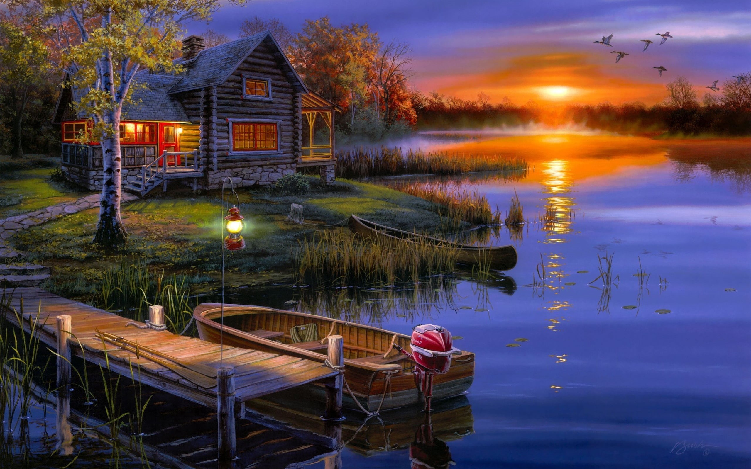 tranquility, boat, building, tranquil scene, gray, building exterior, architecture, scenics - nature, dusk, plant, sunset, house, painting, beauty in nature, HD Wallpaper