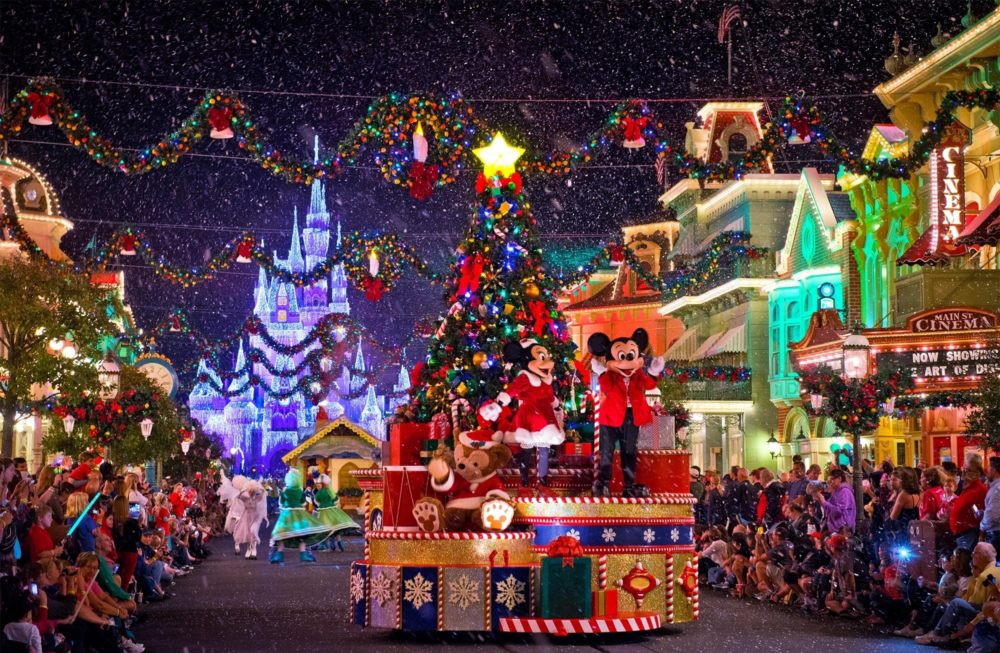 decoration, Holidays, night, mickey mouse, architecture, city, festival, disney, human representation, real people, mouse, costumes, building exterior, HD Wallpaper