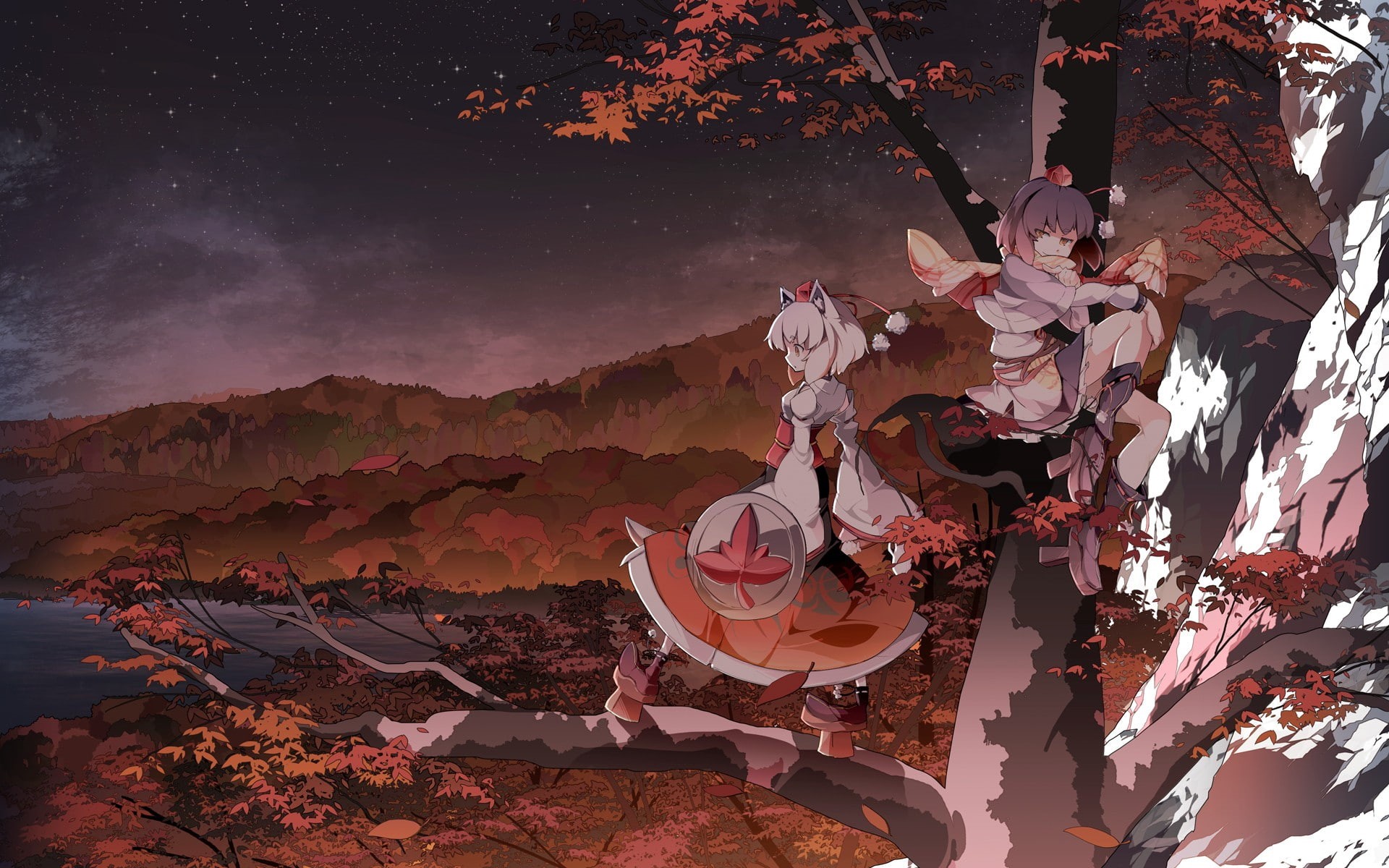 astronomy, landscape, Shameimaru Aya, 1080P, Okamimimi, anime girls, fragility, sky, scenics - nature, Inubashiri Momiji, night, tree, Touhou, vulnerability, HD Wallpaper
