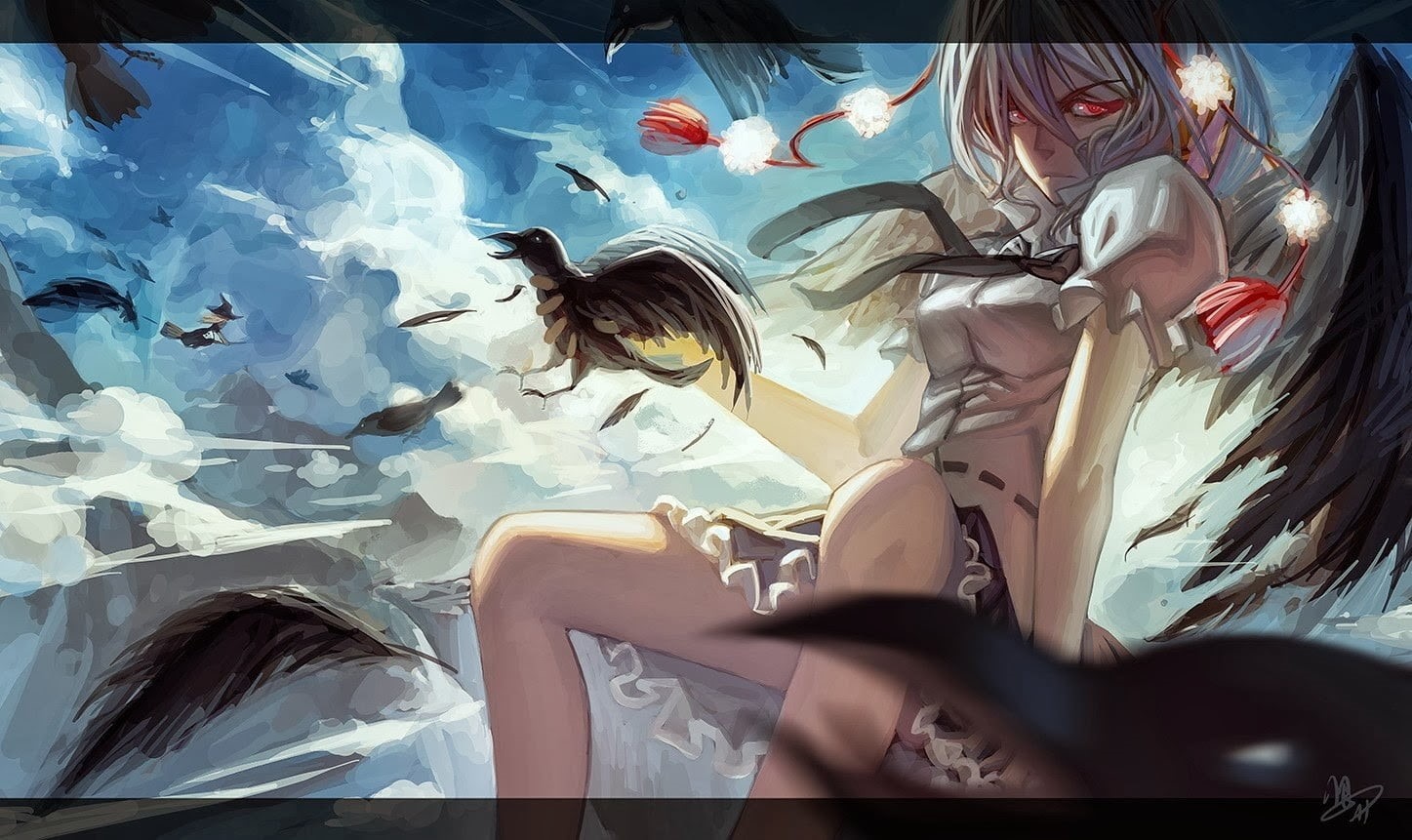 angry, red eyes, sea, low angle view, real people, swimming, young adult, Shameimaru Aya, full length, birds, anime, 720P, young women, auto post production filter, HD Wallpaper