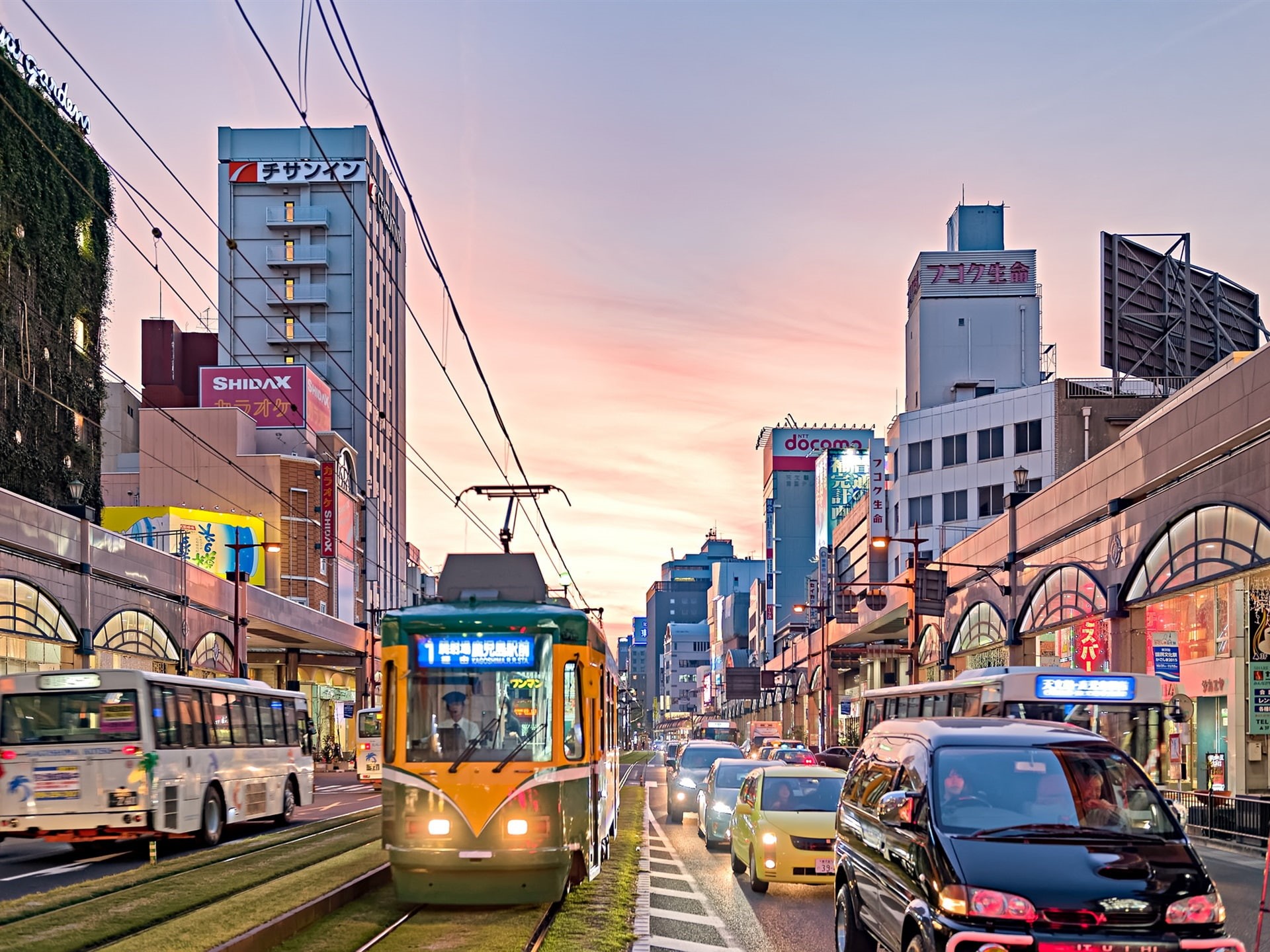 Street, Kagoshima, 1080P, City, Lights, Japan, Buildings, Dusk, Road, HD Wallpaper