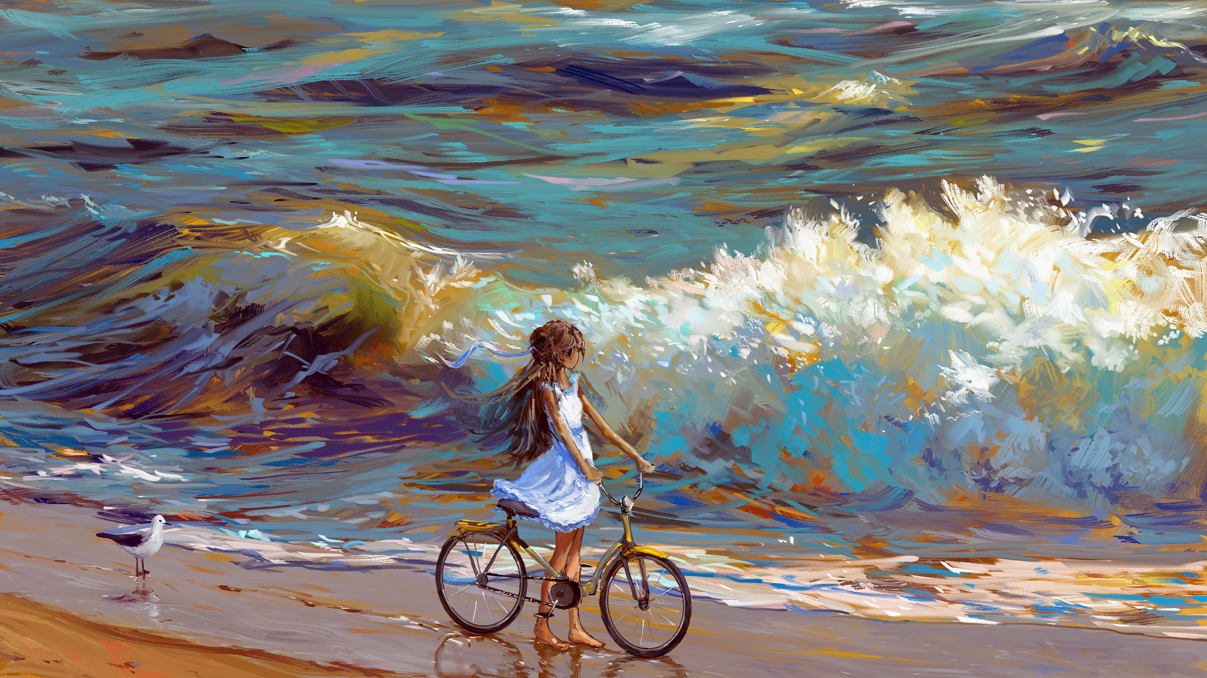 shore, transportation, shorts, adult, water, women, Alexander Komarov, painting, 4K, young women, lifestyles, illustration, one person, motion, full length, HD Wallpaper