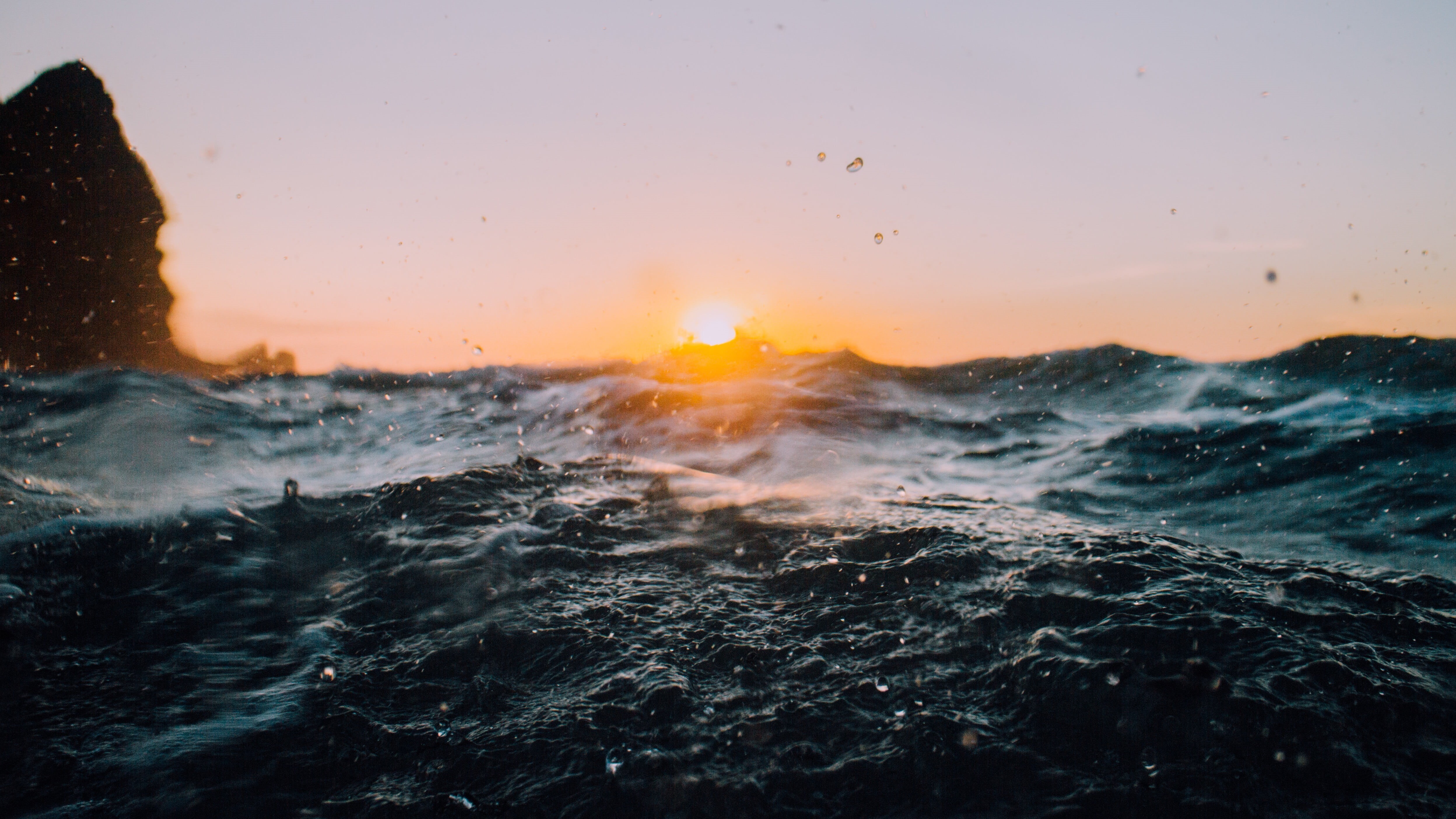 orange color, sea, flowing water, nature, water, sky, outdoors, splashing, no people, 4K, scenics - nature, sport, wave, power, sun, sunset, beauty in nature, HD Wallpaper