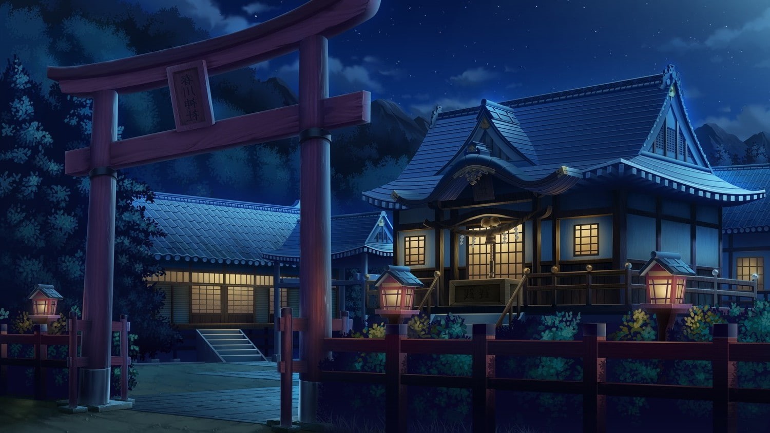 fence, night, Asian Architecture, anime, Lantern, house, Torii, 720P, Lights, artwork, HD Wallpaper