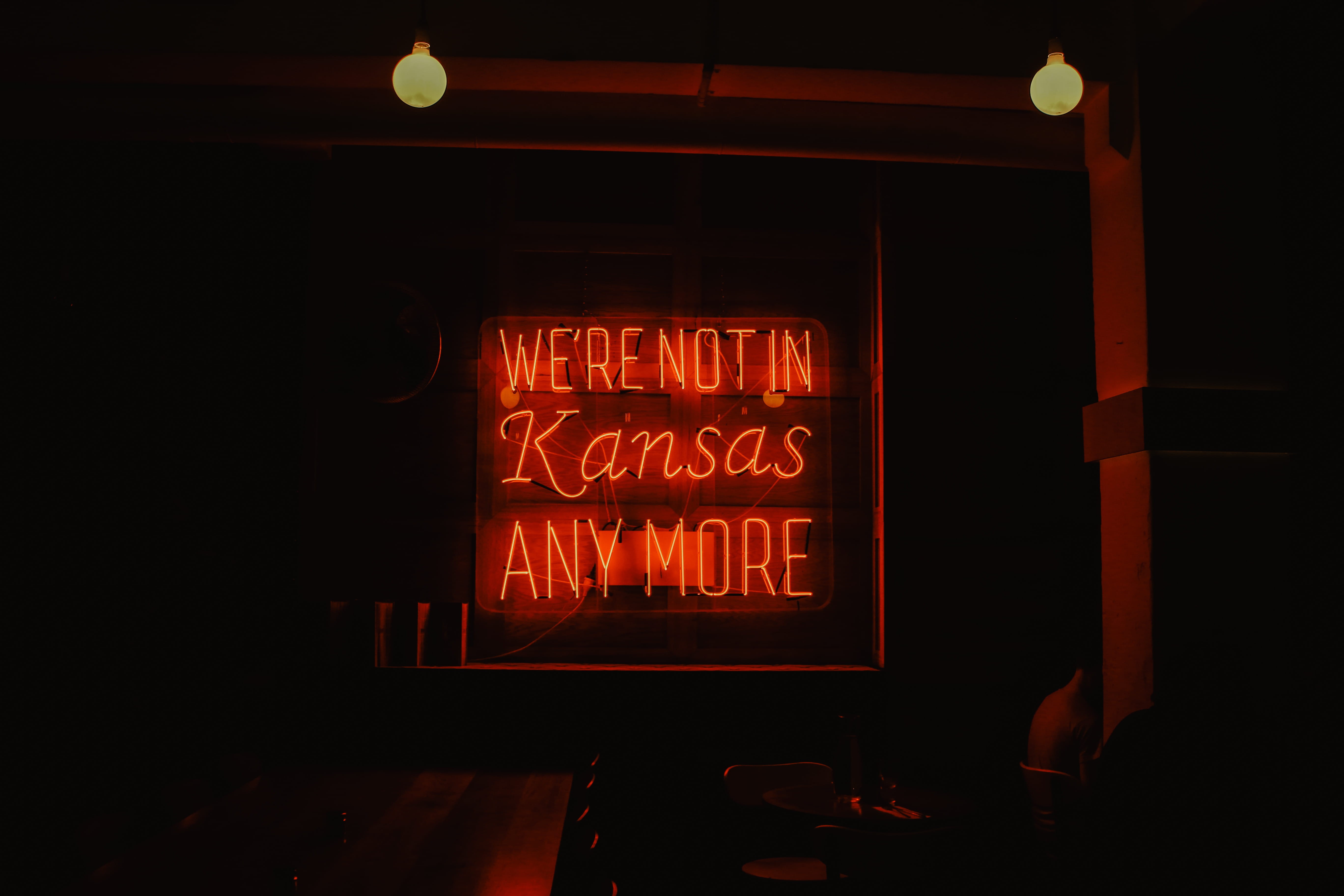 interior design, signage, electric lamp, indoors, not in, turned, food and drink, neon sign, lighting equipment, dark, sign, kansas, orange, 5K, capital letter, HD Wallpaper