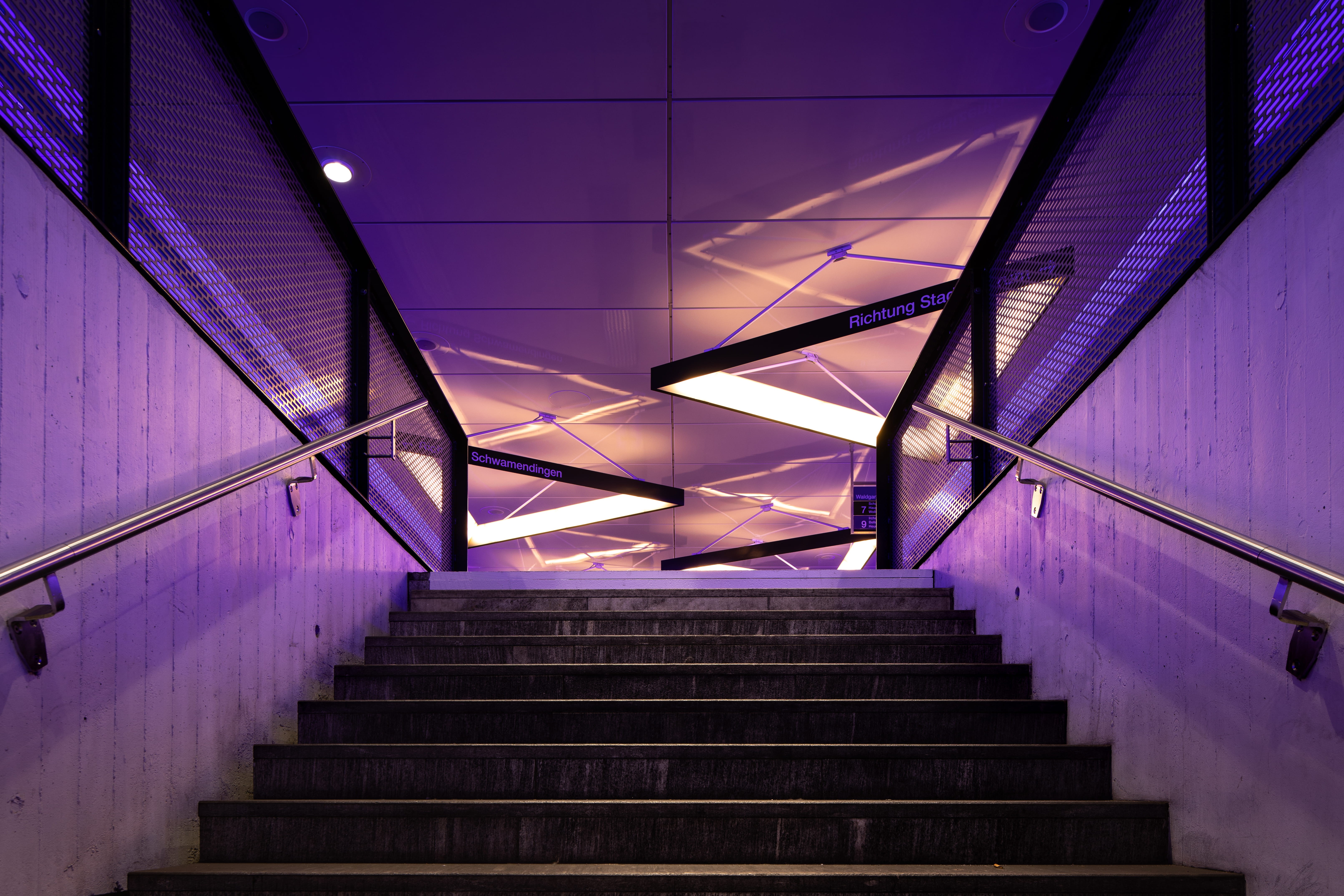 stairs, architecture, banister, illuminated, building, subway station, stage, black, lighting, purple, staircase, built structure, modern, low angle view, HD Wallpaper