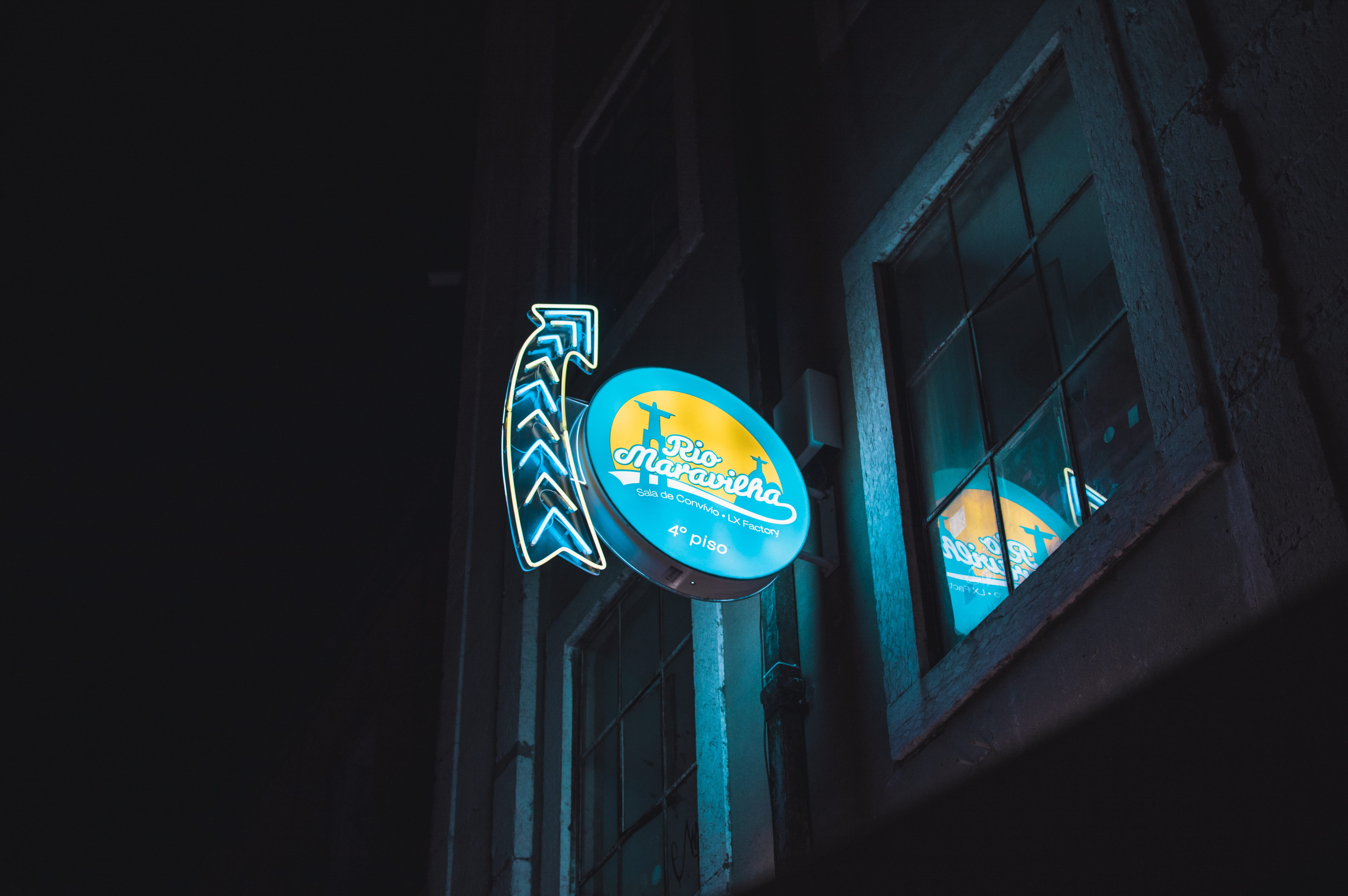 light, night, road, office building, alphabet, communication, blue, clinic, neon, 5K, low angle view, building, lisbon, built structure, yellow, symbol, HD Wallpaper