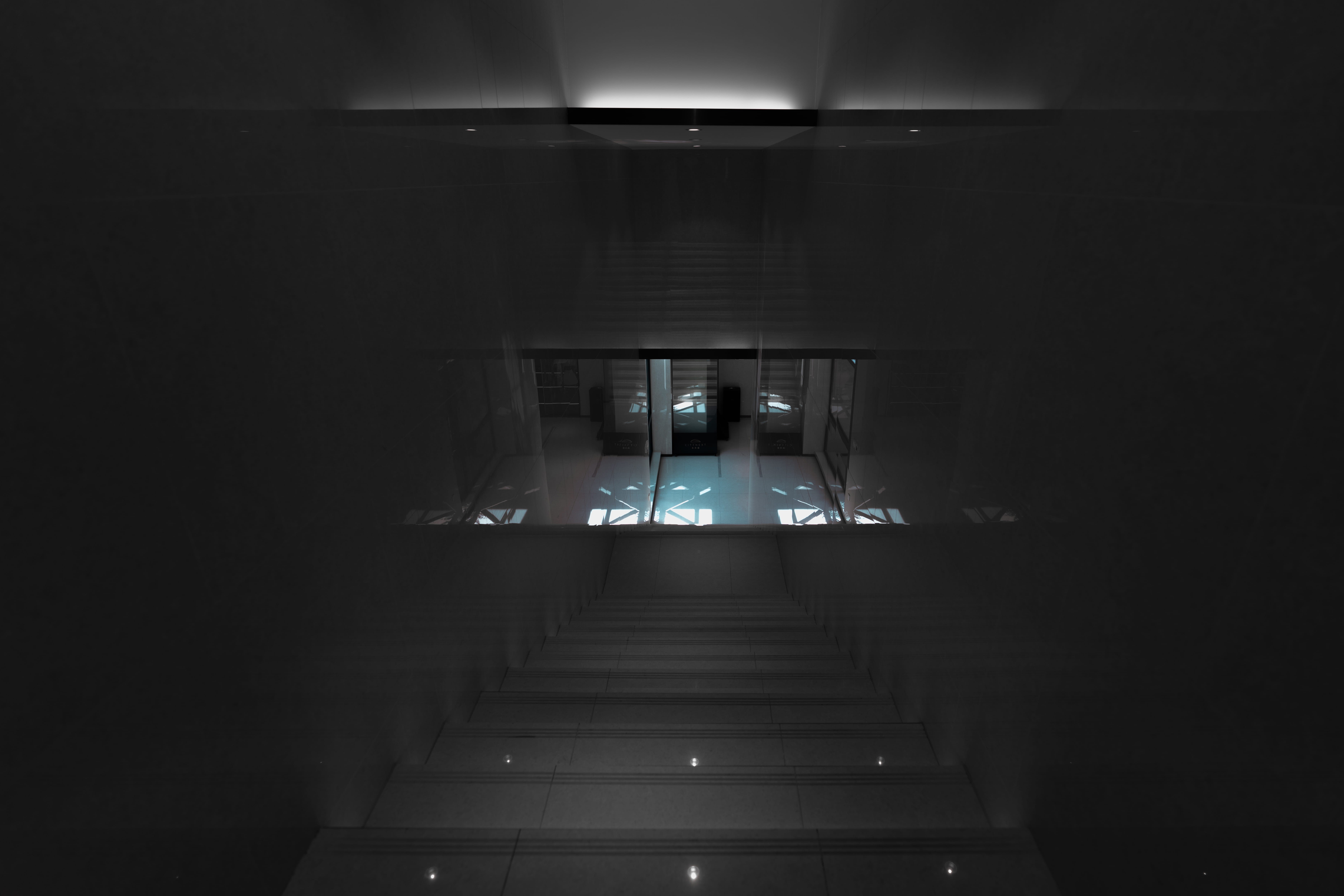 staircase, banister, diminishing perspective, basement, empty, direction, lighting equipment, led, architecture, ceiling, silhouette, indoors, home theater, HD Wallpaper