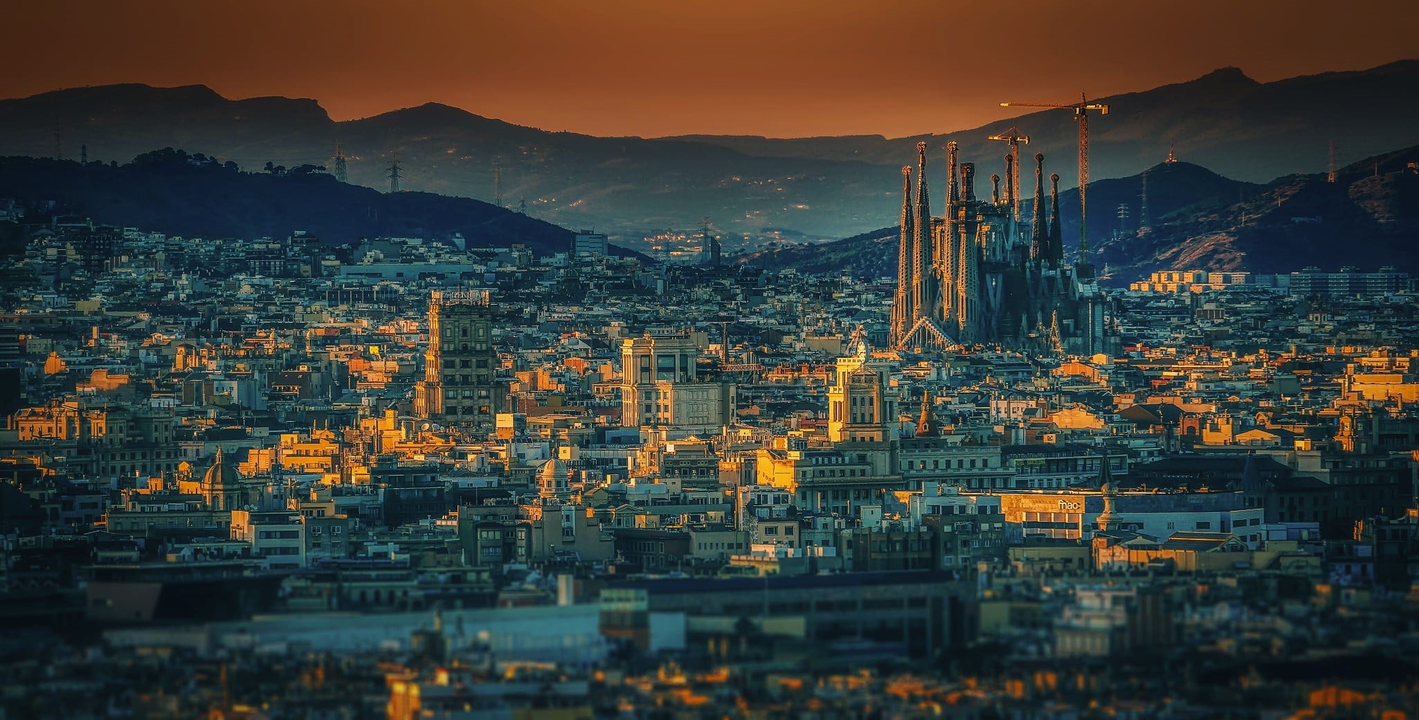 sky, street, old town, sunset, travel, cityscape, mountains, sagrada familia, nature, 1080P, dusk, mountain range, holiday, night, architecture, near, HD Wallpaper