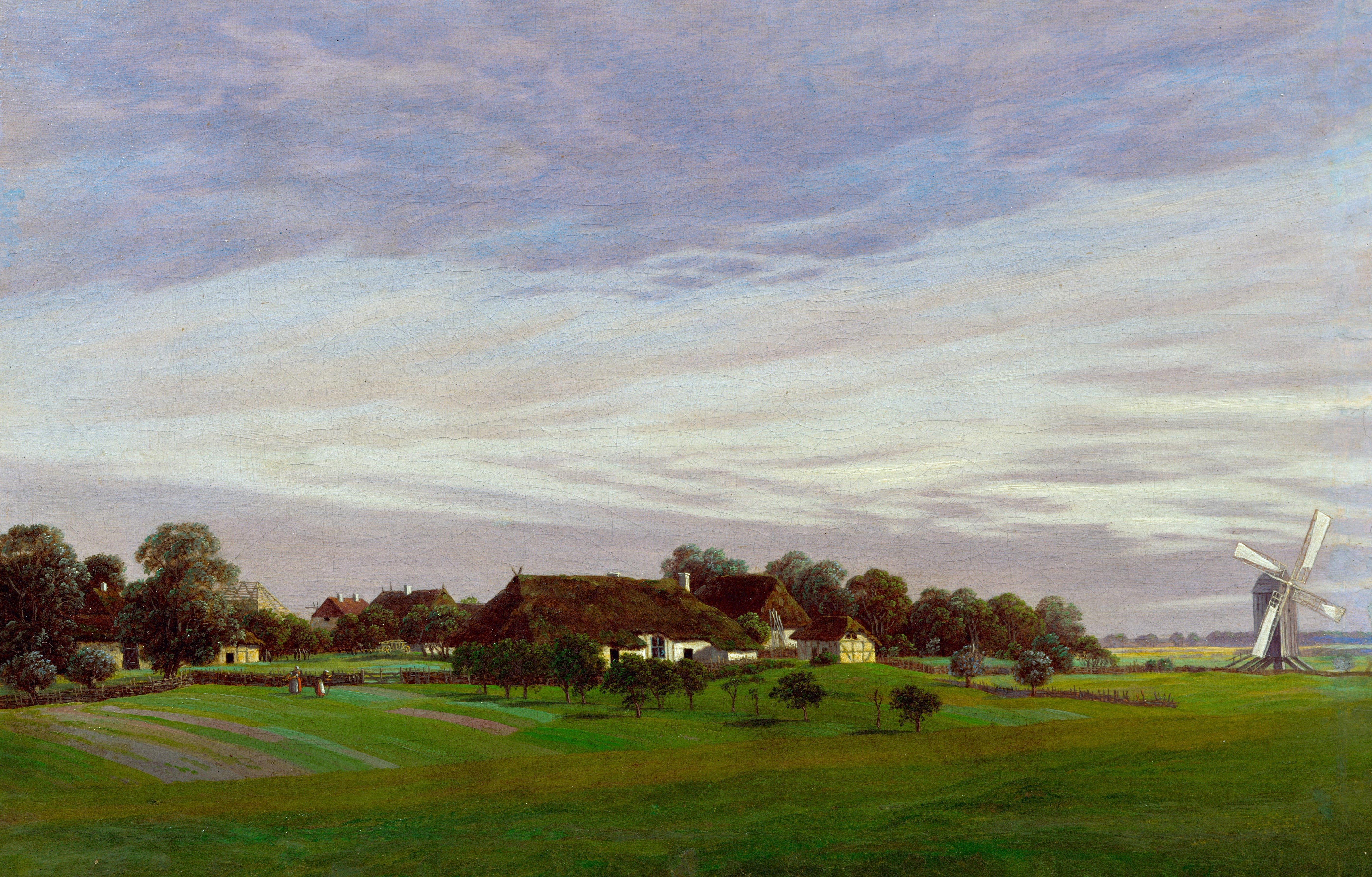 Caspar David Friedrich, landscape, 5K, windmill, Flat Countryside, house, picture, Isle of Ruegen or near Greifswald, HD Wallpaper