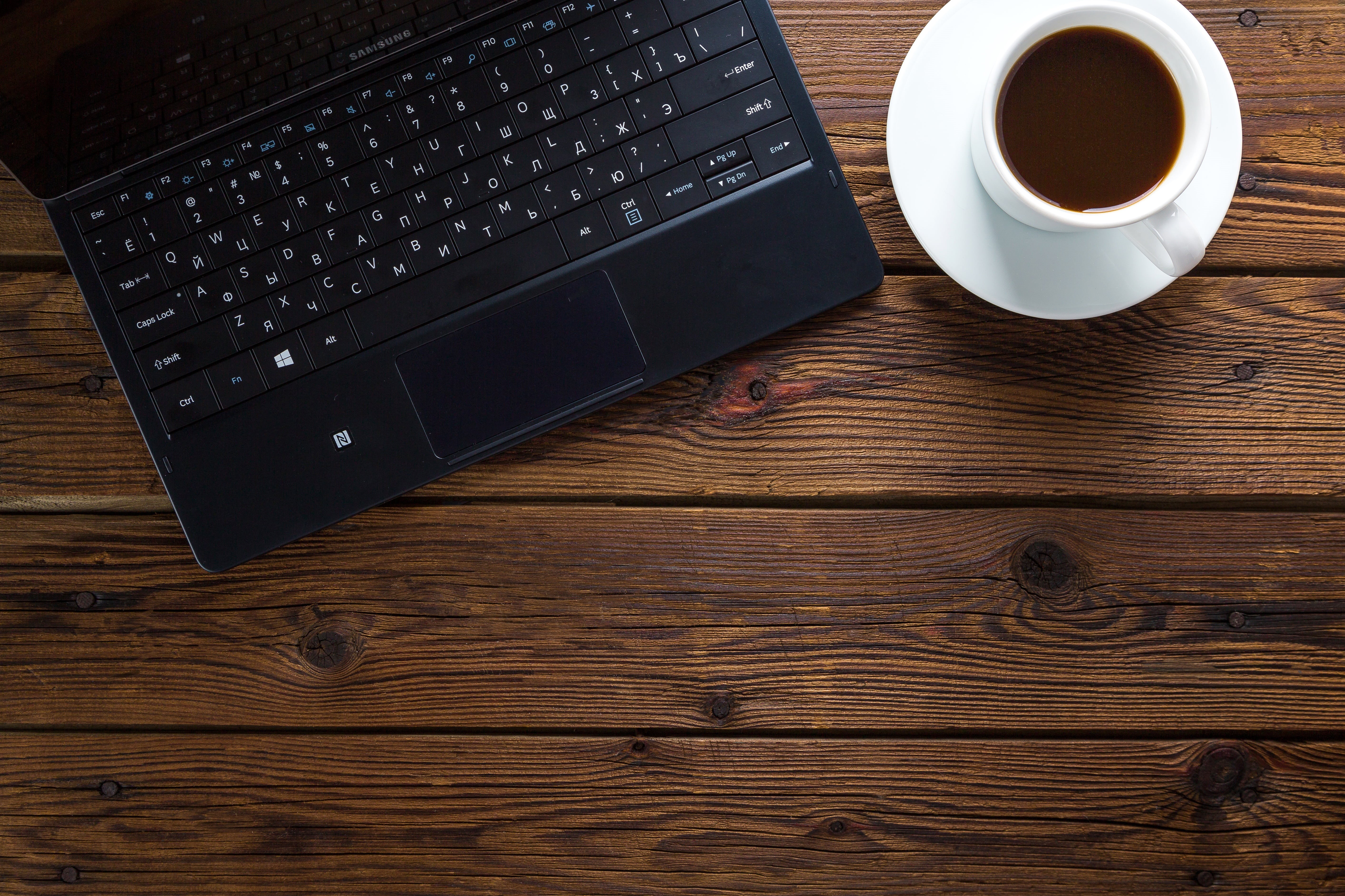 communication, computer, wireless technology, wood - material, coffee, laptop, dark, black, keyboard, directly above, connection, coffee cup, surface, notebook, HD Wallpaper