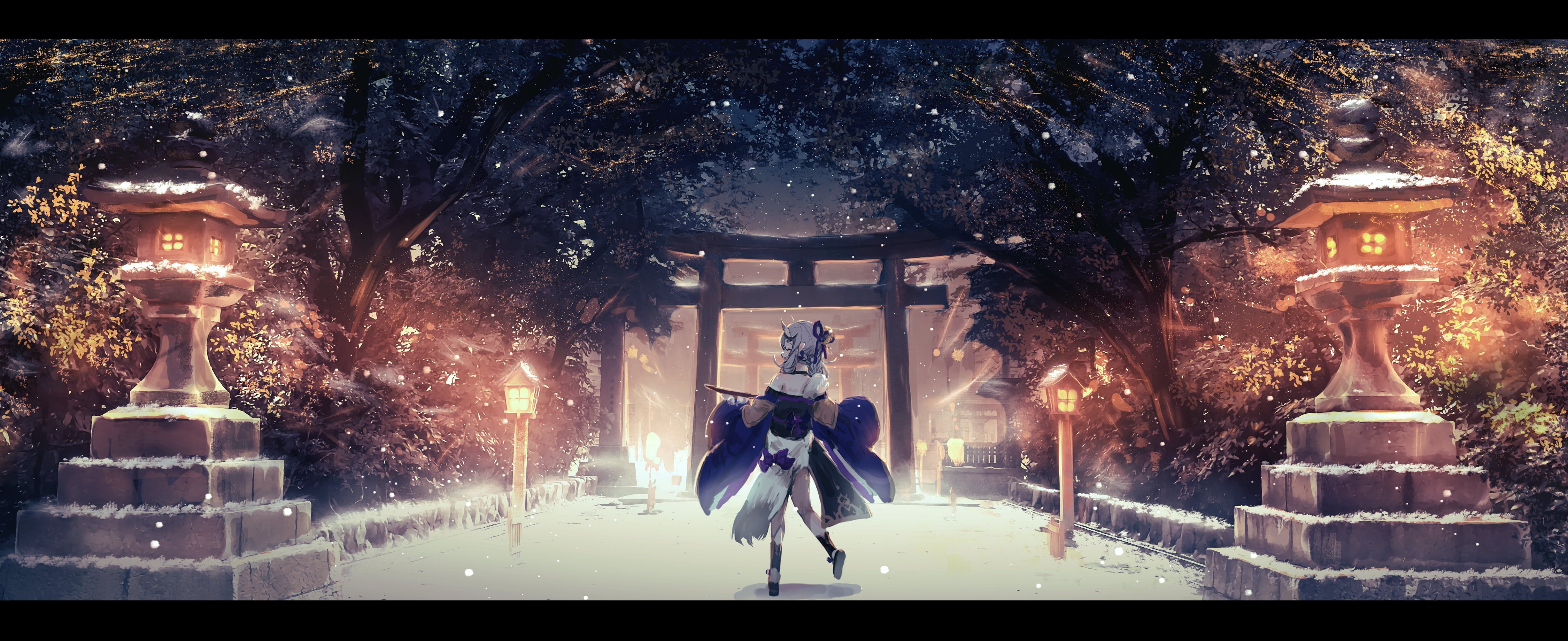 torii, 4K, sake, snow, horns, night, drink, demon, Japanese clothes, Nijisanji, HD Wallpaper
