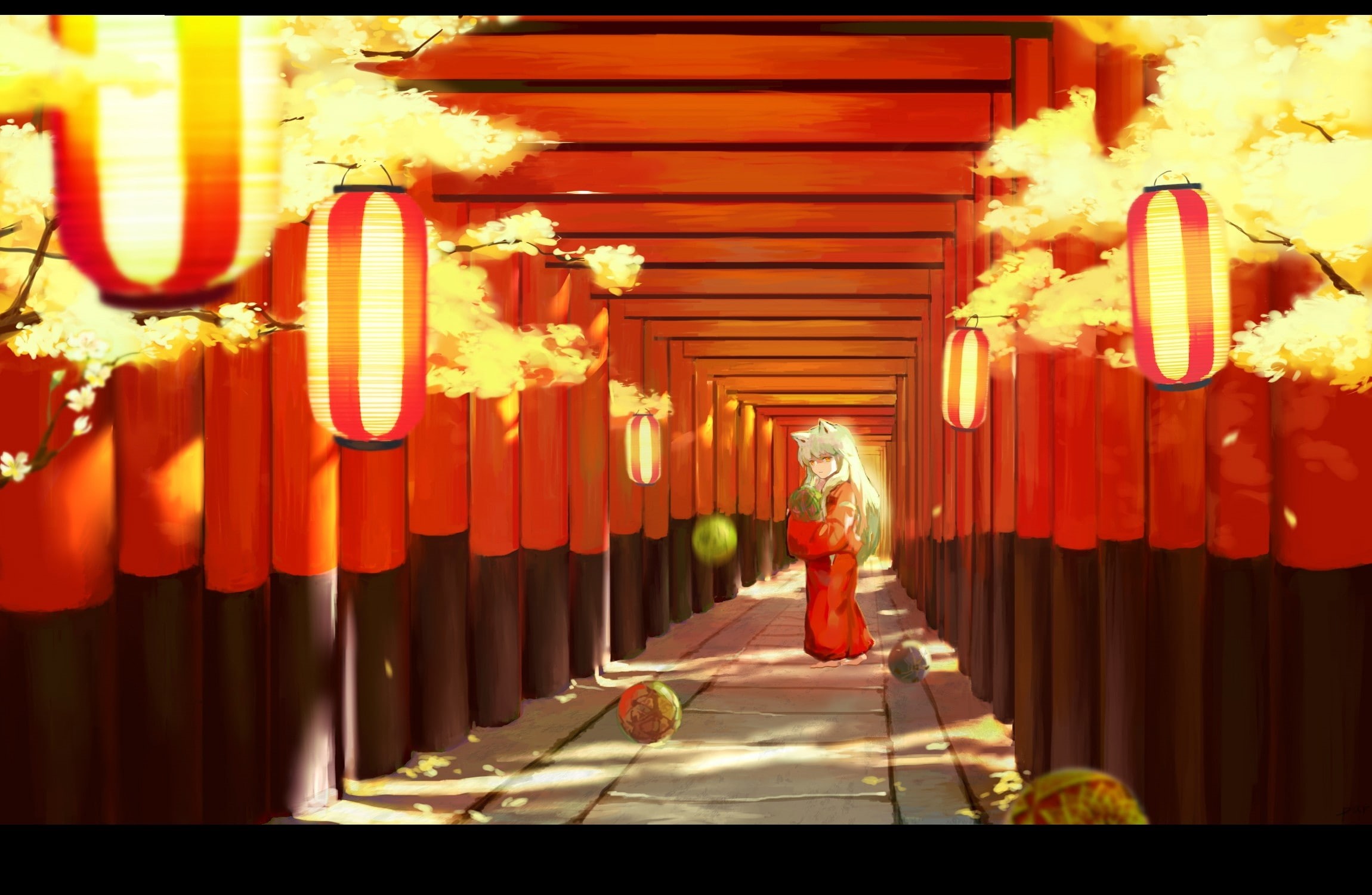Inuyasha, art, hair, animal, hd, japanese, eyes, characters, torii, white, animal ears, ears, anime, 1080P, original, clothes, red, HD Wallpaper