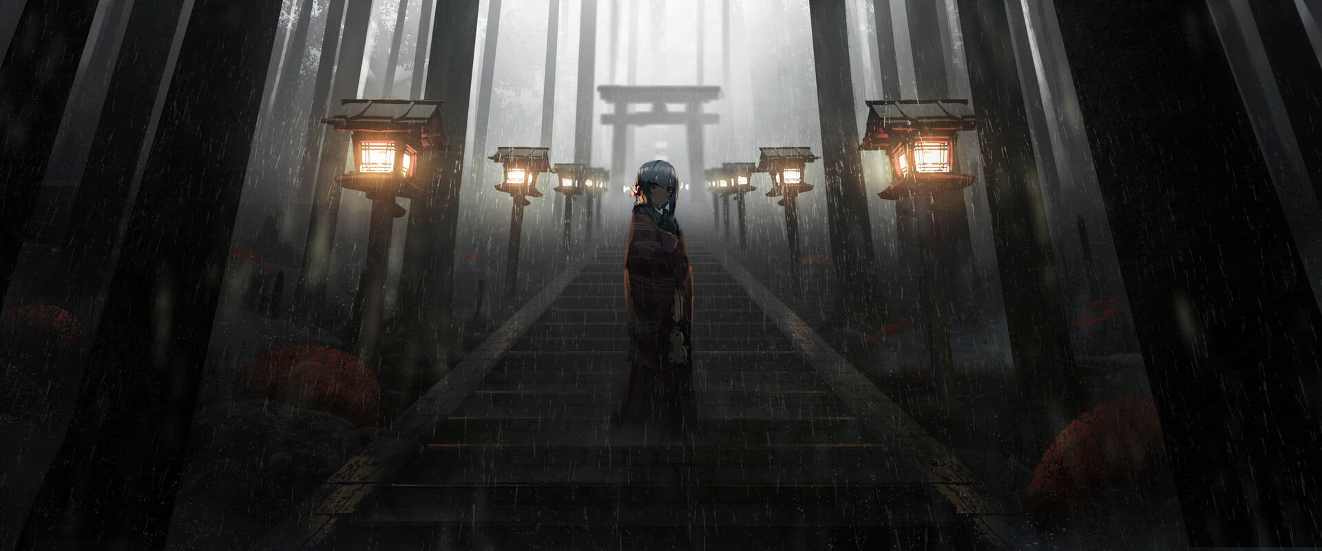 dress, lantern, forest, torii, Astero, digital art, women, 1080P, stairs, rain, HD Wallpaper