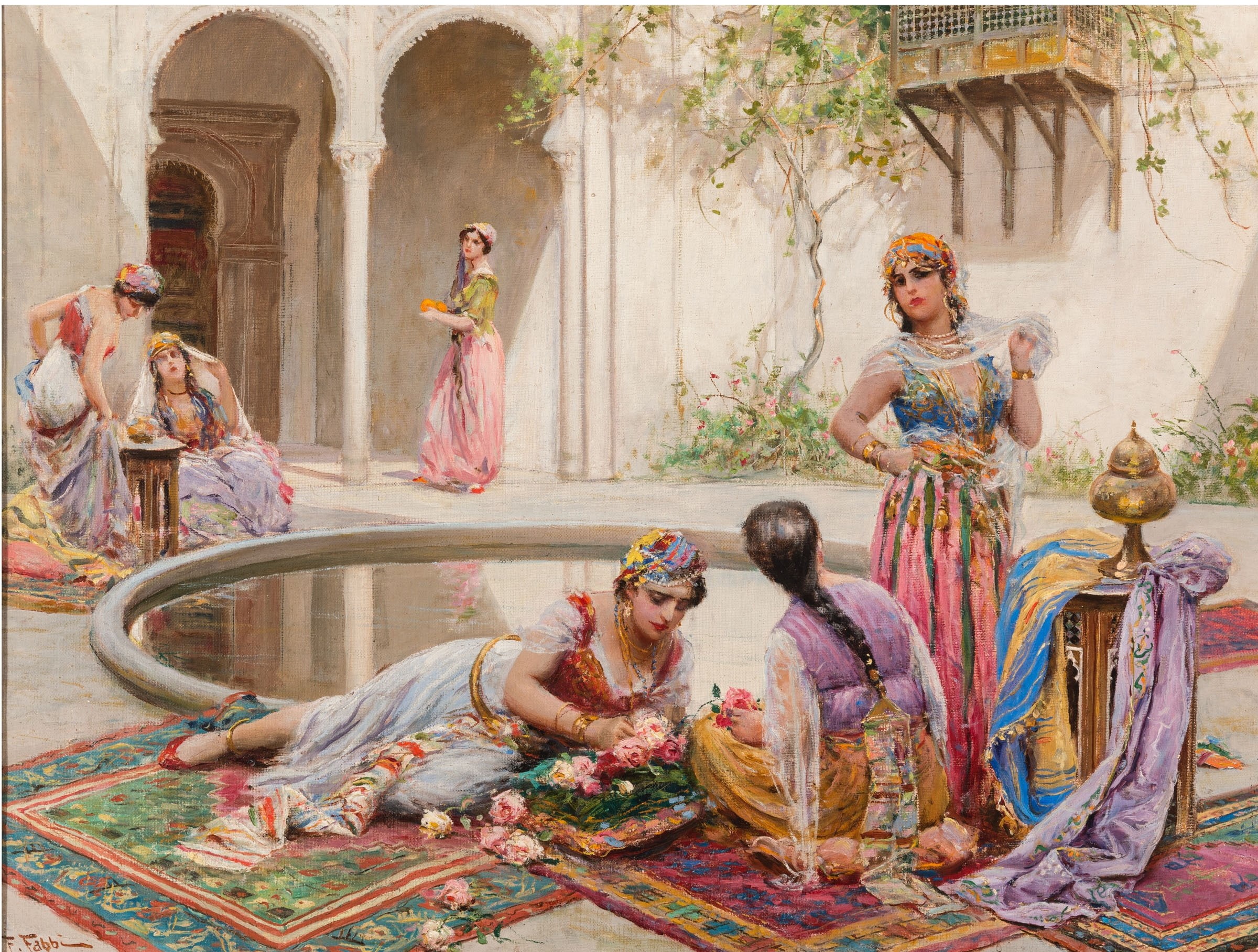 woman, fabio fabbi, water, odalisque, Harem, pink, garden, pictura, luminos, 1080P, girl, painting, art, HD Wallpaper