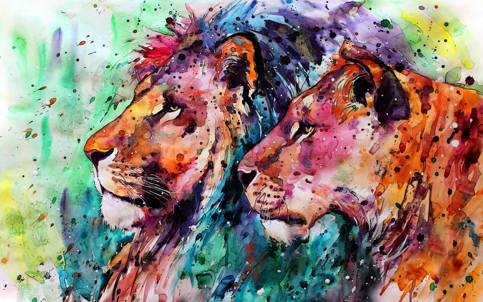 blue, lioness, animal, pink, pictura, green, 720P, lion, art, Lions, painting, HD Wallpaper