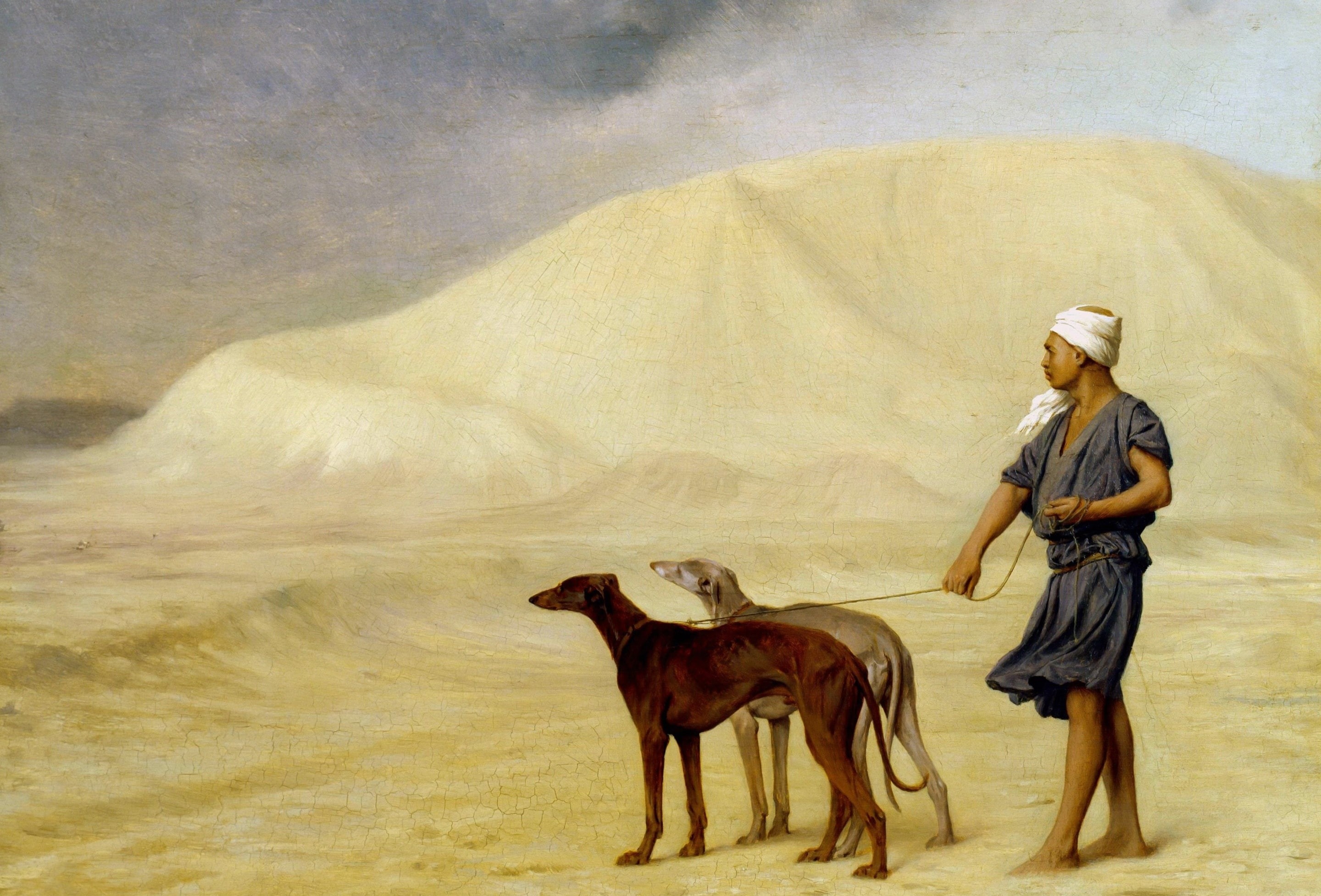 caine, ogar afgan, pictura, animal, Walk on desert, desert, jean-leon gerome, luminos, art, summer, 2K, dog, man, barzoi, painting, HD Wallpaper