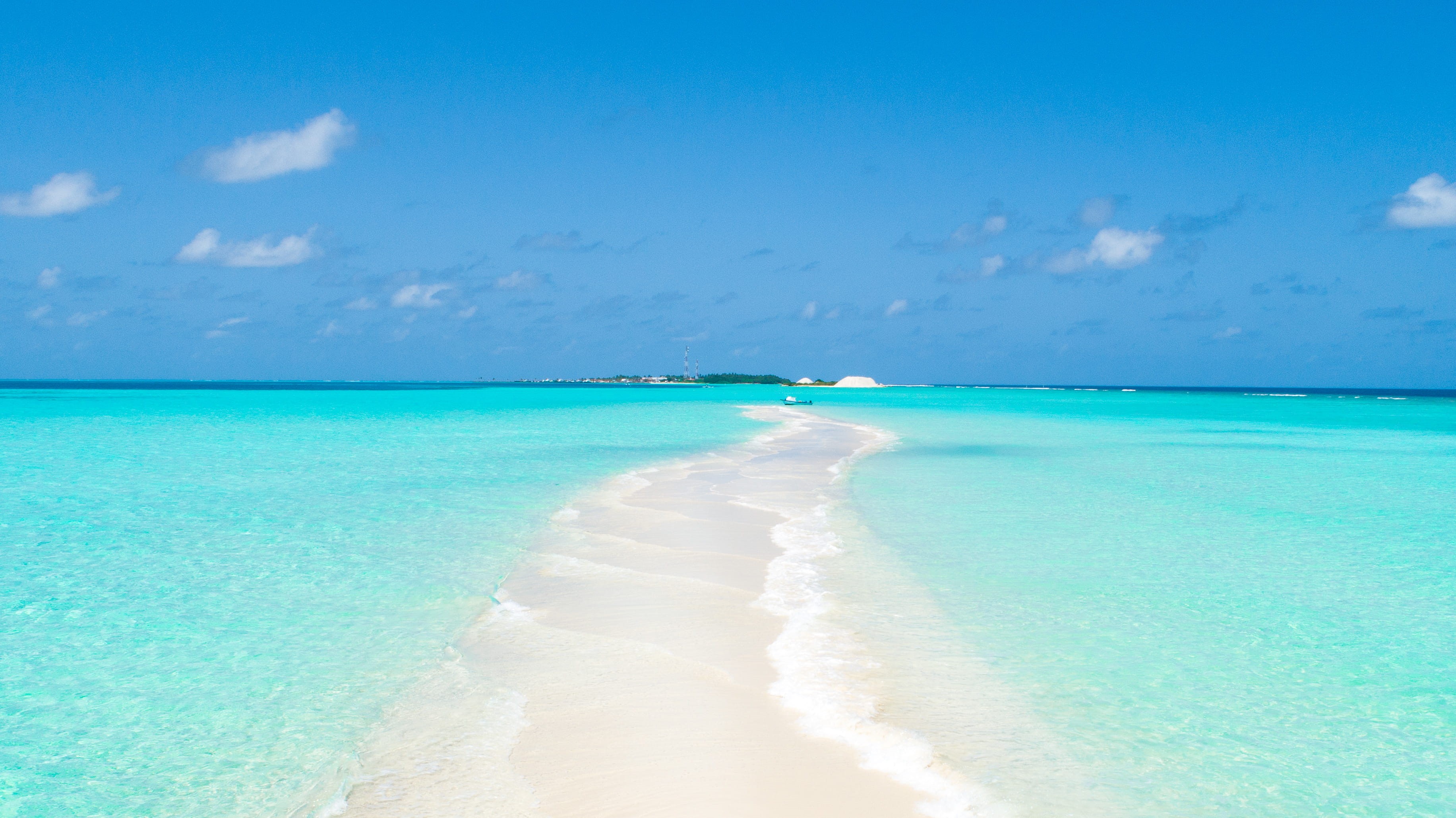 beauty in nature, water, blue, cloud - sky, sand, coast, tropical, landscape, ocean, shoreline, 2K, outdoors, promontory, luxury, beach, land, island, HD Wallpaper