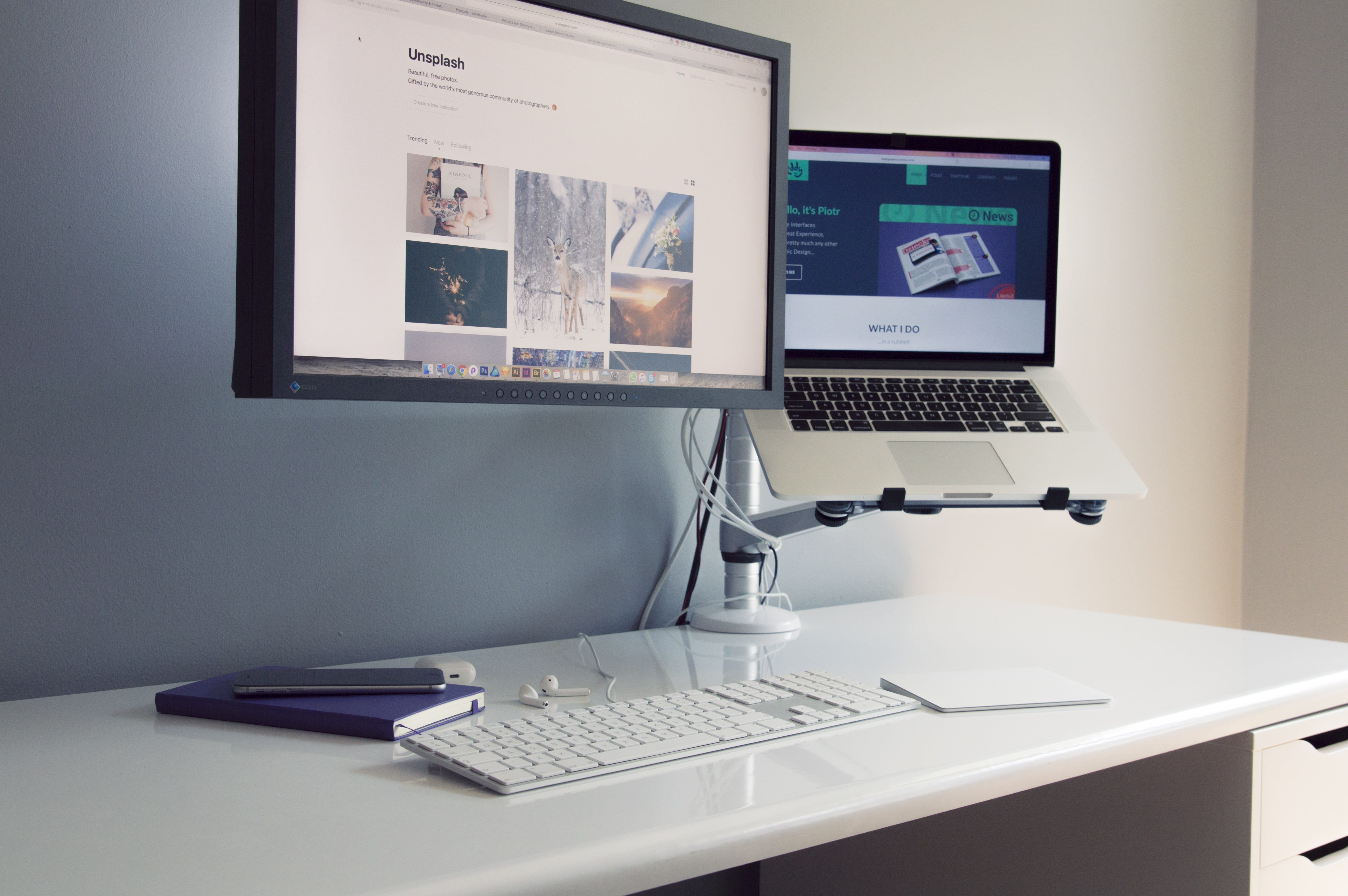workspace, computer equipment, indoors, technology, furniture, minimal, desktop pc, computer, 5K, computer monitor, simple, no people, corporate business, HD Wallpaper