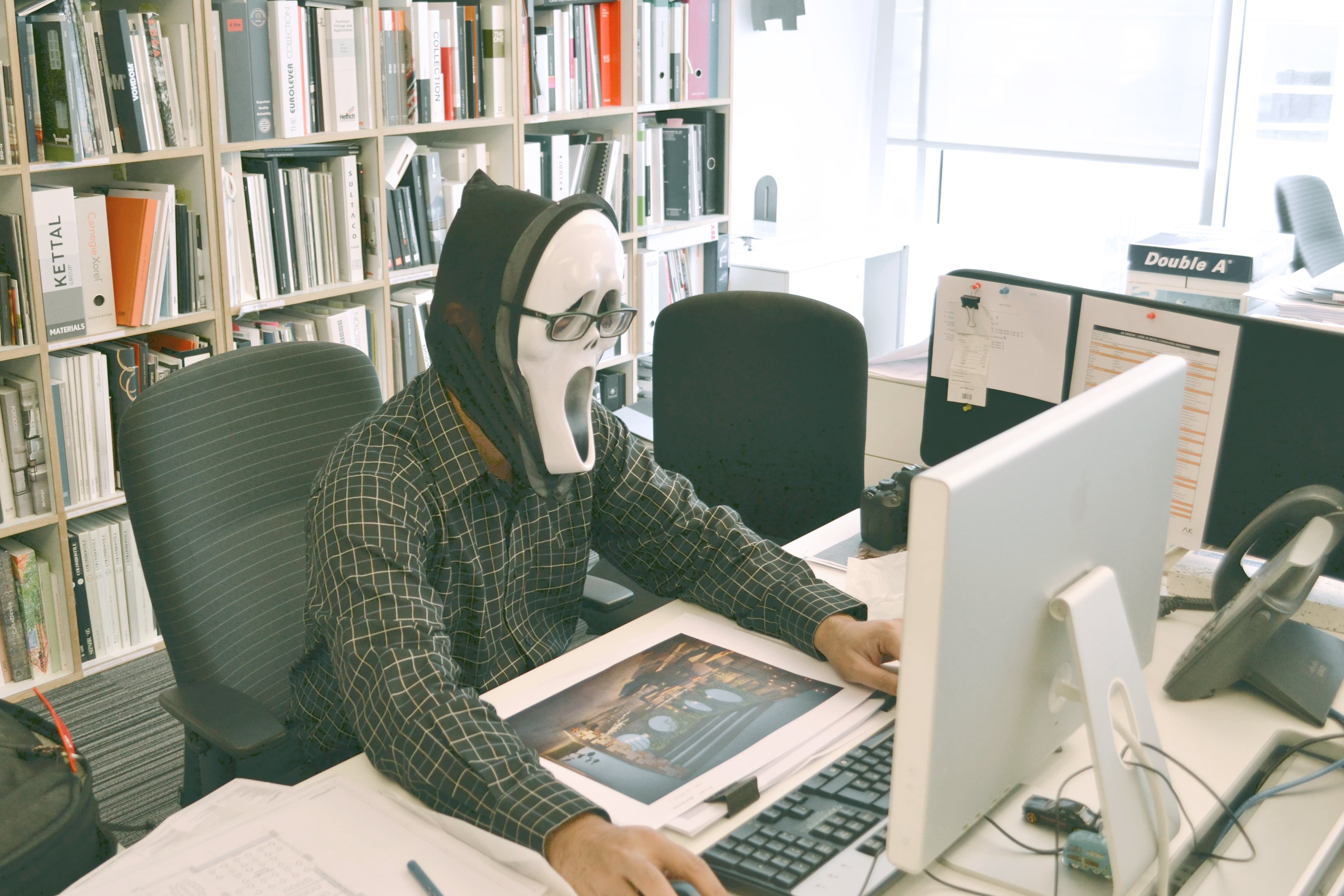 study, business, desktop pc, people, table, office, mask, work, furniture, mature adult, keyboard, 4K, rack, sitting, desk, computer equipment, windows, HD Wallpaper